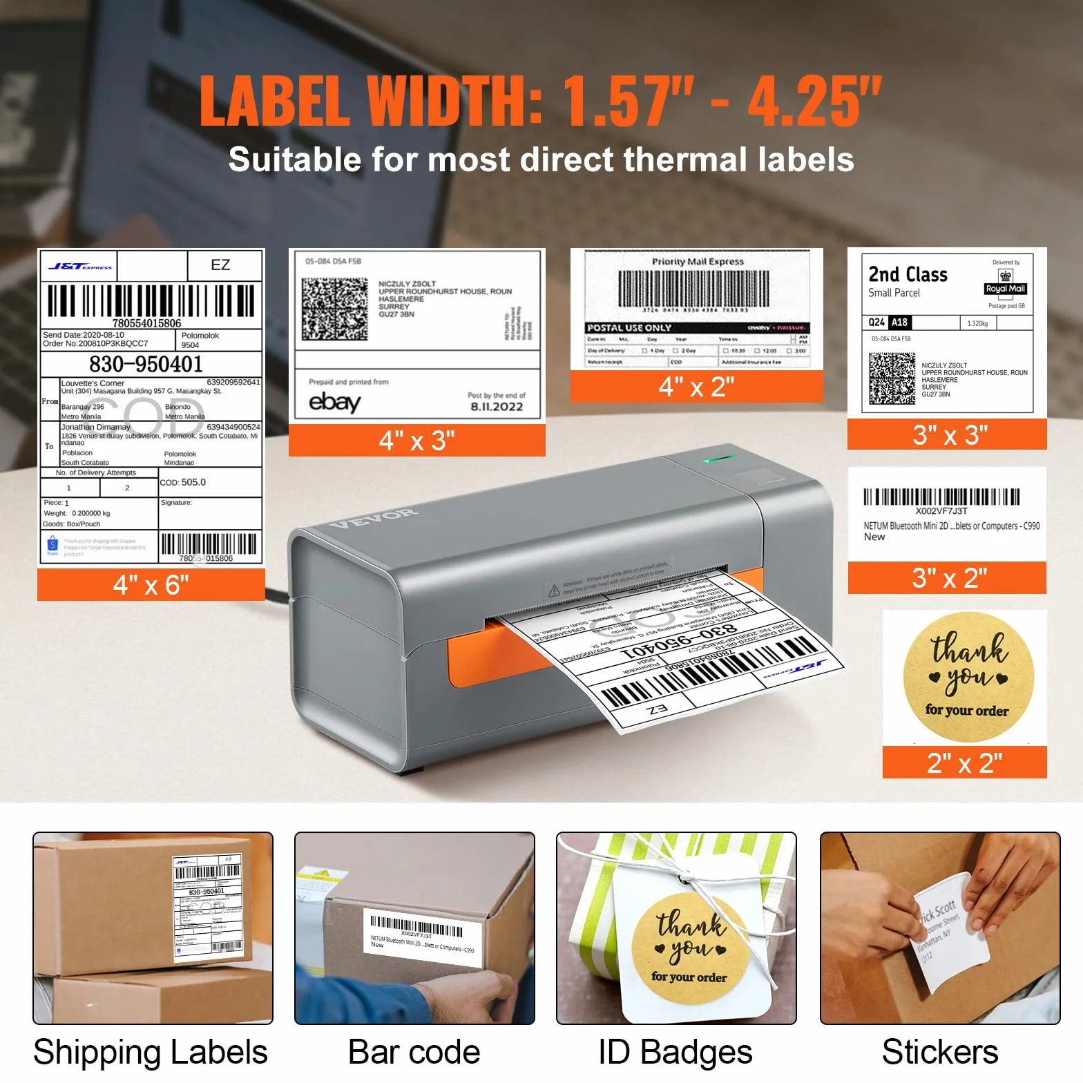 VEVOR Thermal Label Printer 203DPI 4x6 USB 150 mm/s bezpośrednia termiczna drukarka etykiet szara