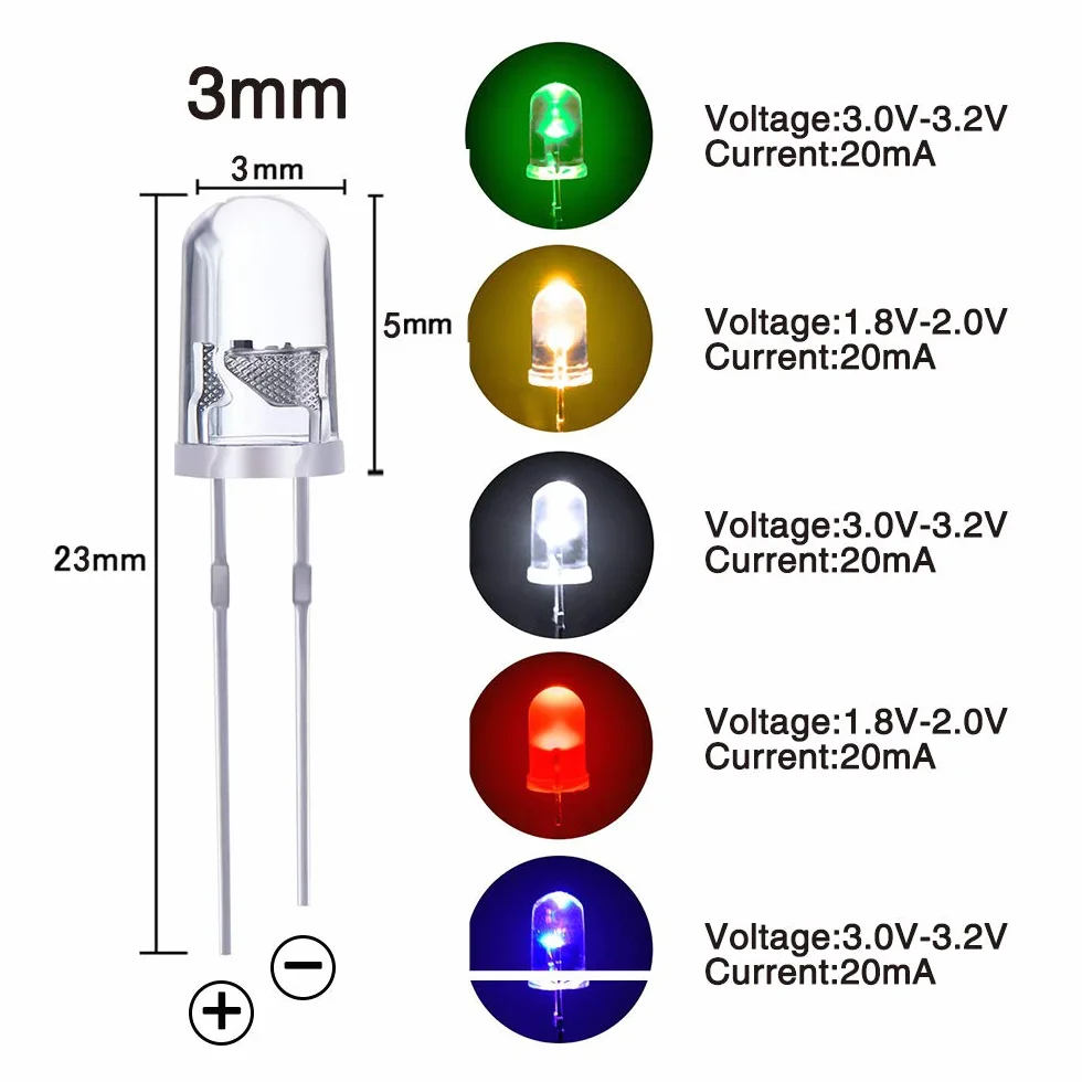 YIXISI 400 Sztuk 3mm zestaw diod LED, 2-pinowe diody elektroluminescencyjne, okrągła lampa LED, diody LED, zestaw rezystorów z różnymi kolorami diod, biały/zielony/czerwony/niebieski/żółty