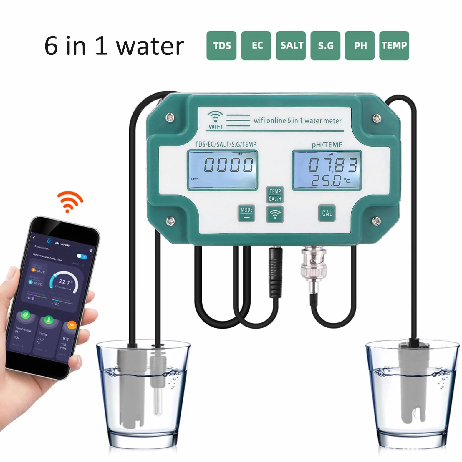 Wielofunkcyjny Miernik Jakości Wody 6 w 1 Połączenie WiFi PH TDS EC SG Tester Temperatury Soli do Akwarium(EU)