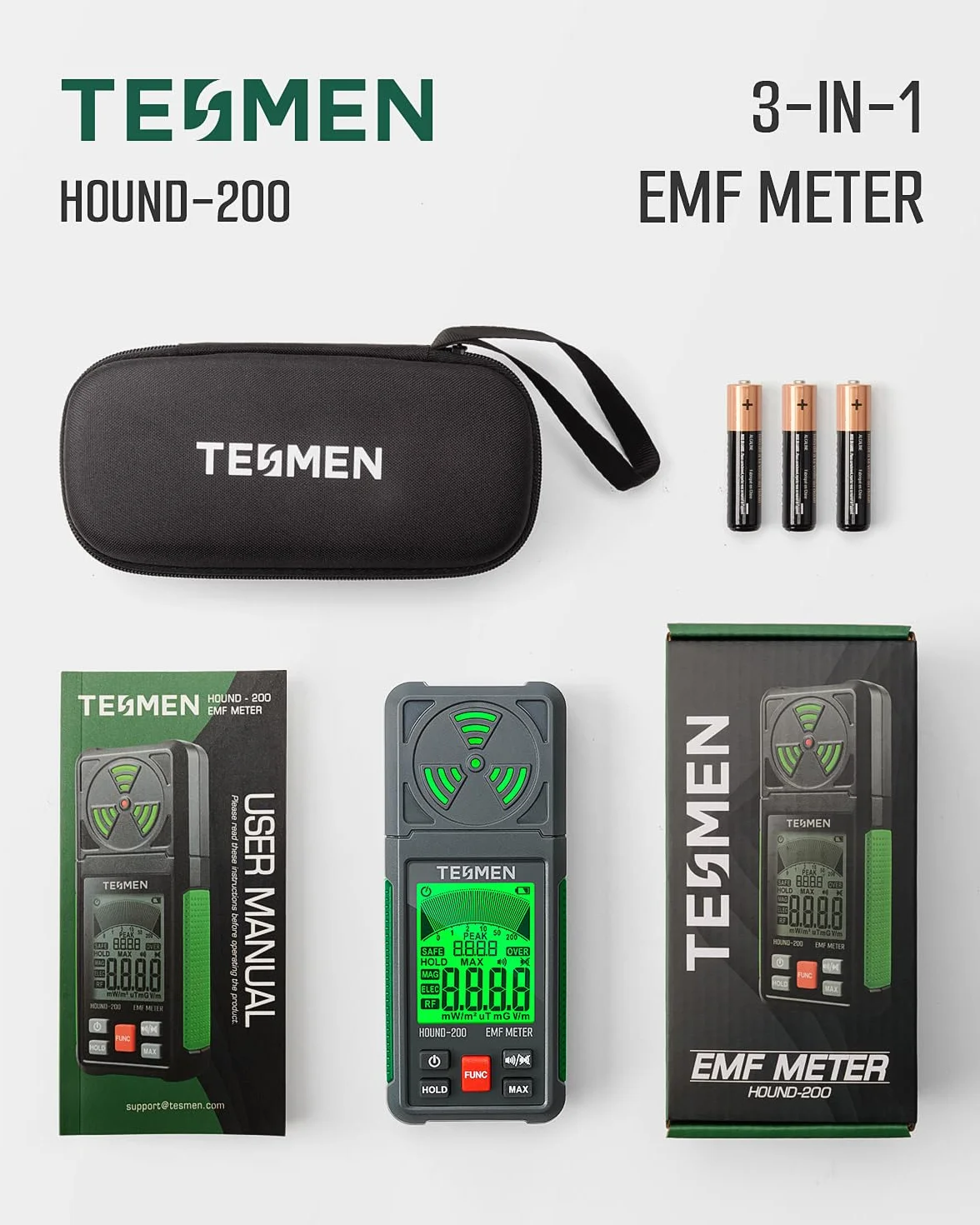 TESMEN Hound-200 Miernik EMF, przenośny czujnik promieniowania pola elektromagnetycznego 3 w 1 do EF RF MF, używany do domowych i zewnętrznych inspekcji EMF oraz polowania na duchy, zielony