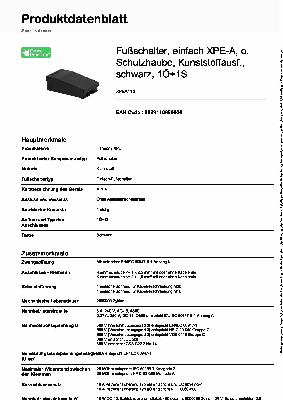 Schneider XPEA110 przełącznik nożny prosty XPE-A bez osłony ochronnej tworzywo sztuczne 1Ö+1S czarny
