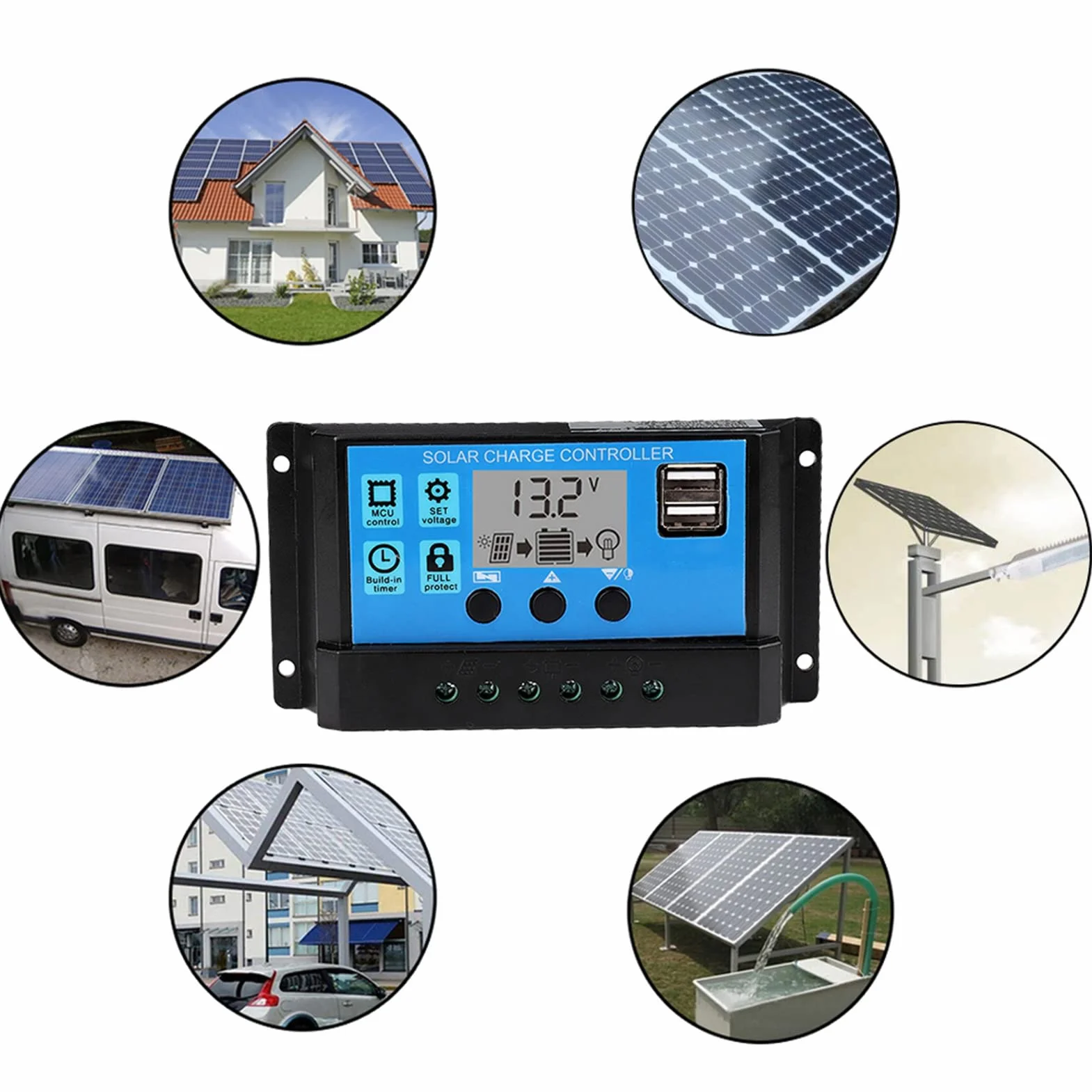 Kontroler ładowania słonecznego, 60A/50A/40A/30A/20A/10A 12V 24V Automatyczny regulator ładowania słonecznego Kontroler PWM Podwójny port USB PWM Ładowarka słoneczna PWM Wyświetlacz LCD (40A)