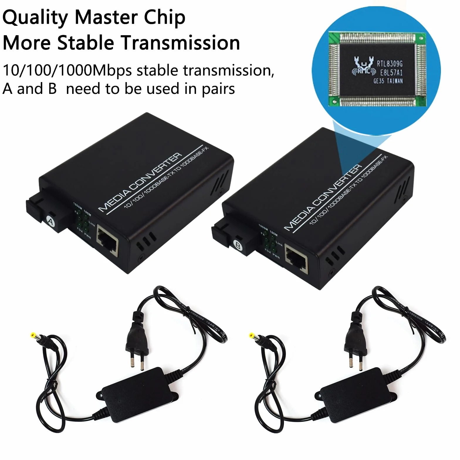 Gigabit Ethernet Media Converter 10/100/1000 Mb/s Konwerter światłowodowy RJ45 SC 5V Zewnętrzne źródło zasilania 2 opakowania