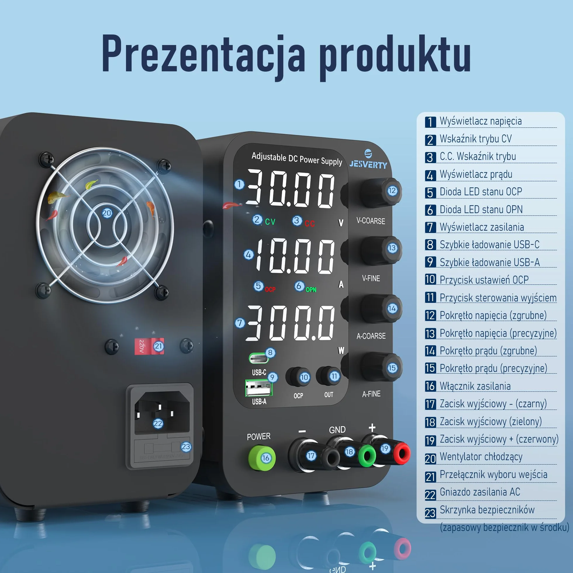 Zmienny zasilacz DC, 0-32V 0-10A Regulowany przełączany zasilacz stołowy z regulacją DC z szybkim ładowaniem USB i typem C, pokrętło enkodera, włącznik/wyłącznik wyjścia, 4-cyfrowy wyświetlacz LED