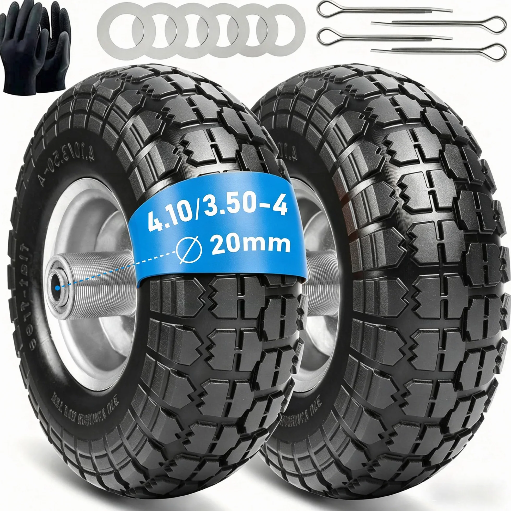 Koła do wózka: zestaw 2 opon z pełnej gumy 4.10 3.50-4, zapasowe koła do wózka transportowego 260 x 85 mm (piasta 20 mm)