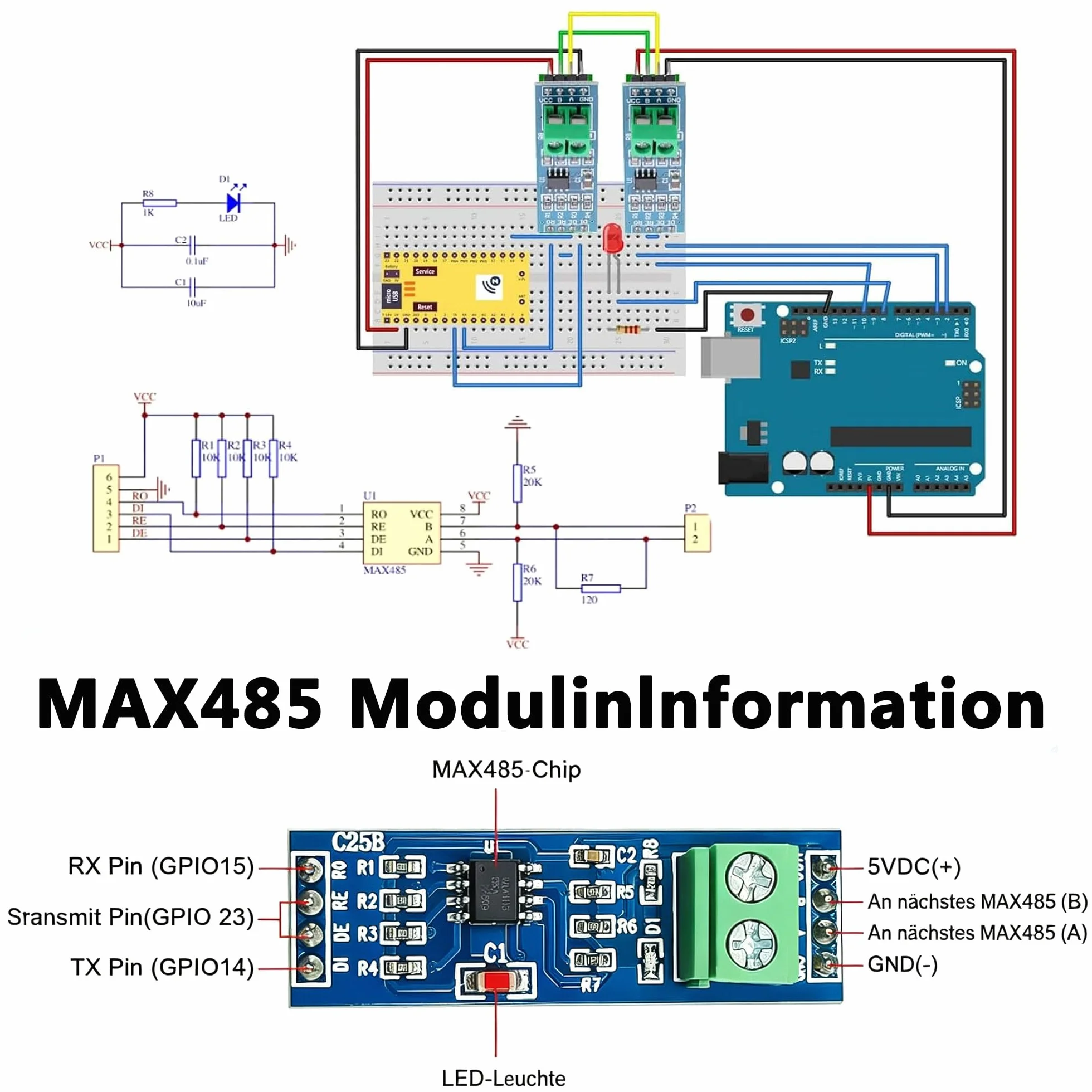 Moduł MAX485 5V TTL RS485 Converter, płytka rozwojowa TTL do RS-485, niskie zużycie energii, nadajnik do Arduino Raspberry Pi