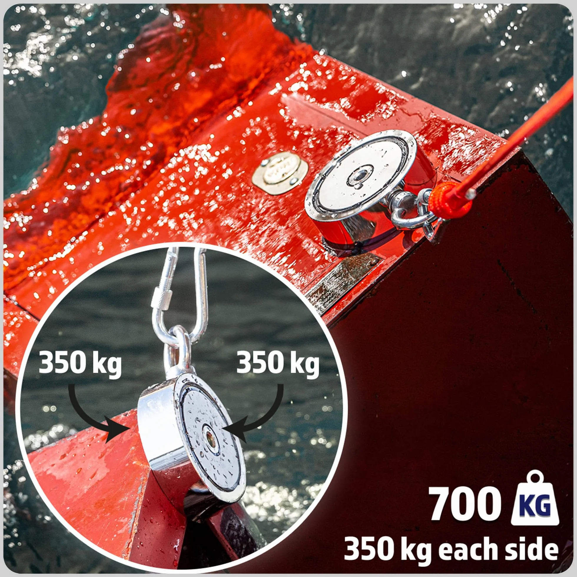MAGFISHION Dwustronny Zestaw do Magnetycznego Wędkarstwa - Siła Przyciągania 700KG (2x 350kg) - Ø94mm - Magnes Neodymowy - Z Ciemnopomarańczową Liną (20M) & Rękawice - Magnes Ryba