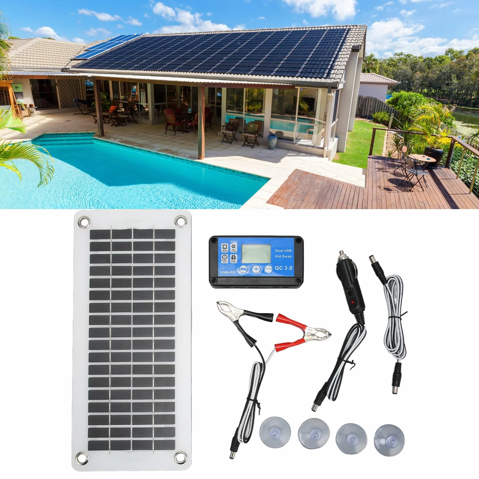 Zestaw paneli słonecznych 30 W, 12 V, przenośny moduł paneli słonecznych, odporne na warunki atmosferyczne, polikrystaliczne ogniwa słoneczne z kontrolerem, stała przyssawka do samochodu, statku, na