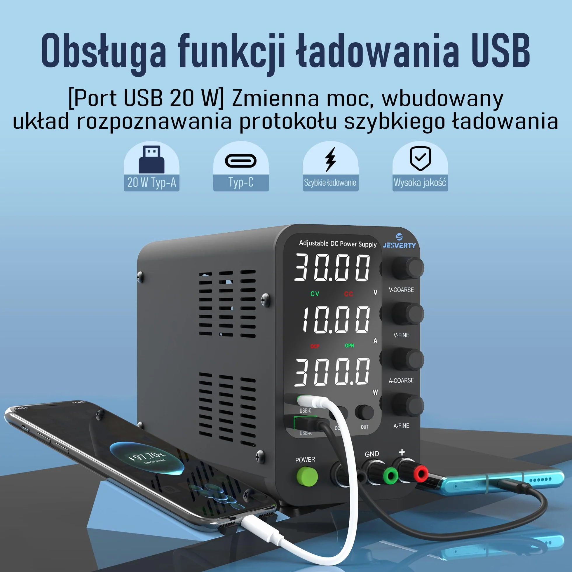 Zmienny zasilacz DC, 0-32V 0-10A Regulowany przełączany zasilacz stołowy z regulacją DC z szybkim ładowaniem USB i typem C, pokrętło enkodera, włącznik/wyłącznik wyjścia, 4-cyfrowy wyświetlacz LED