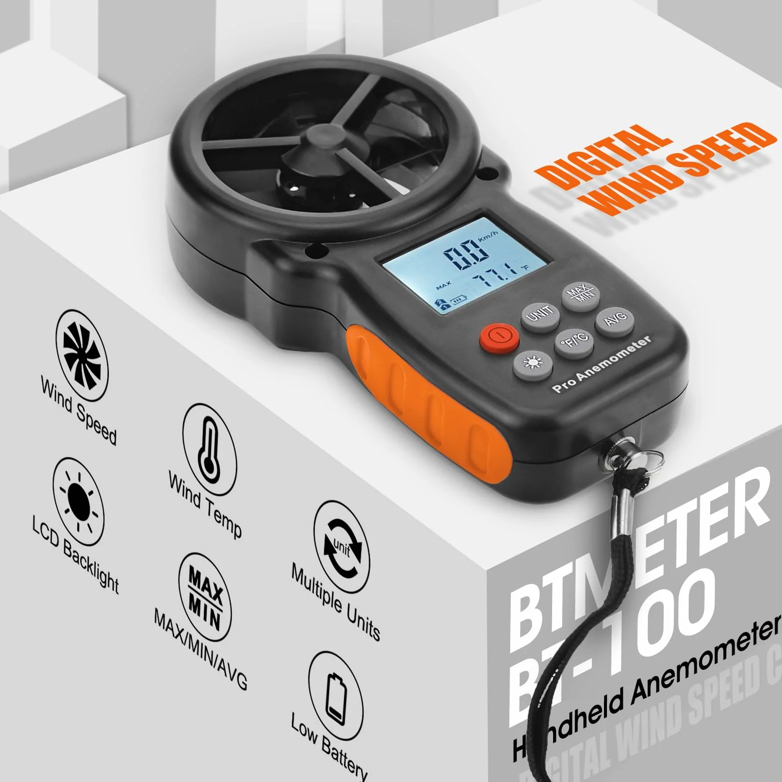BTMETER BT-100 cyfrowy anemometr ręczny miernik prędkości wiatru CFM MAX/MIN/AVG podświetlenie LCD HVAC
