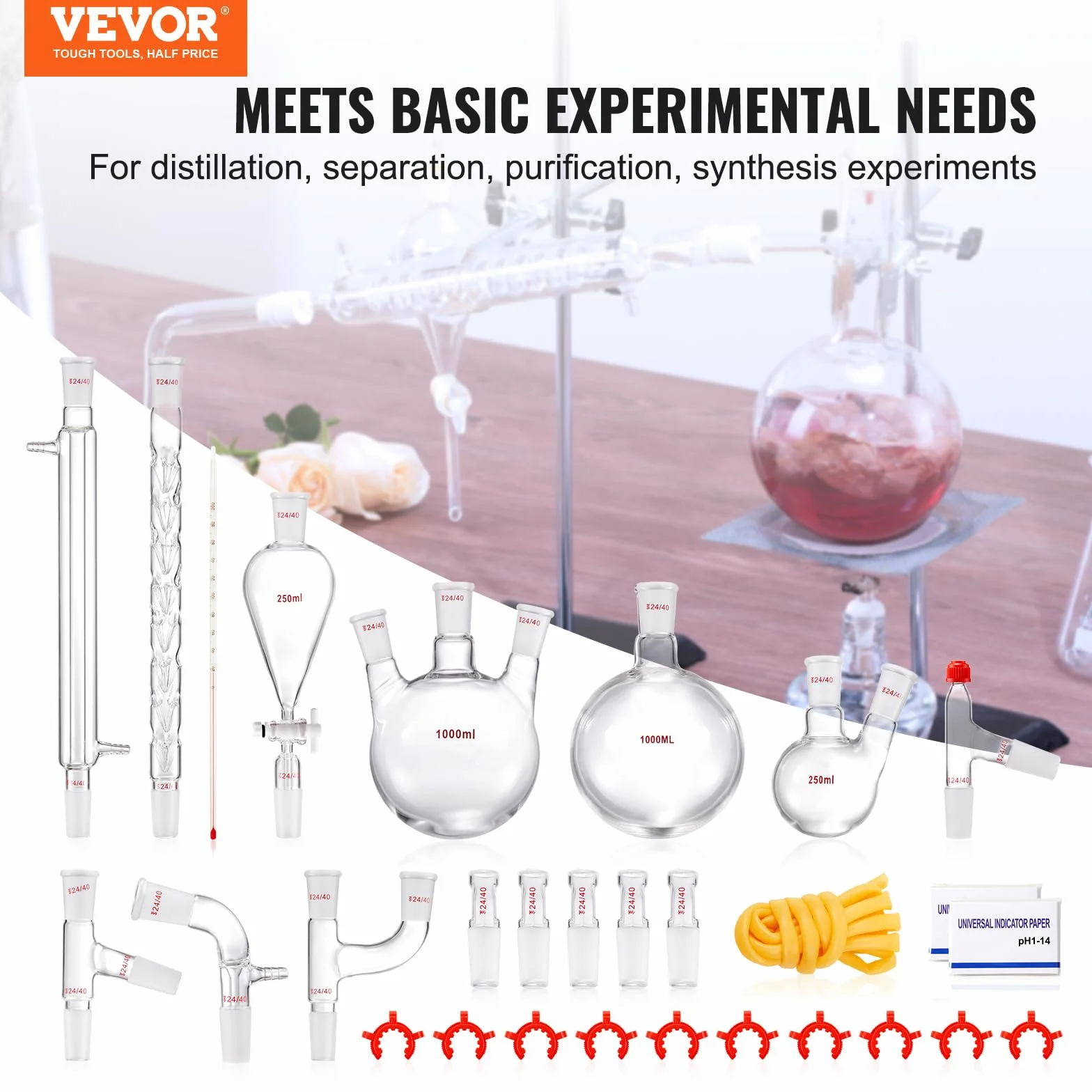 VEVOR Zestaw do destylacji laboratoryjnej, szkło boro, 24/40 połączenia, 1000 ml, 29-częściowy