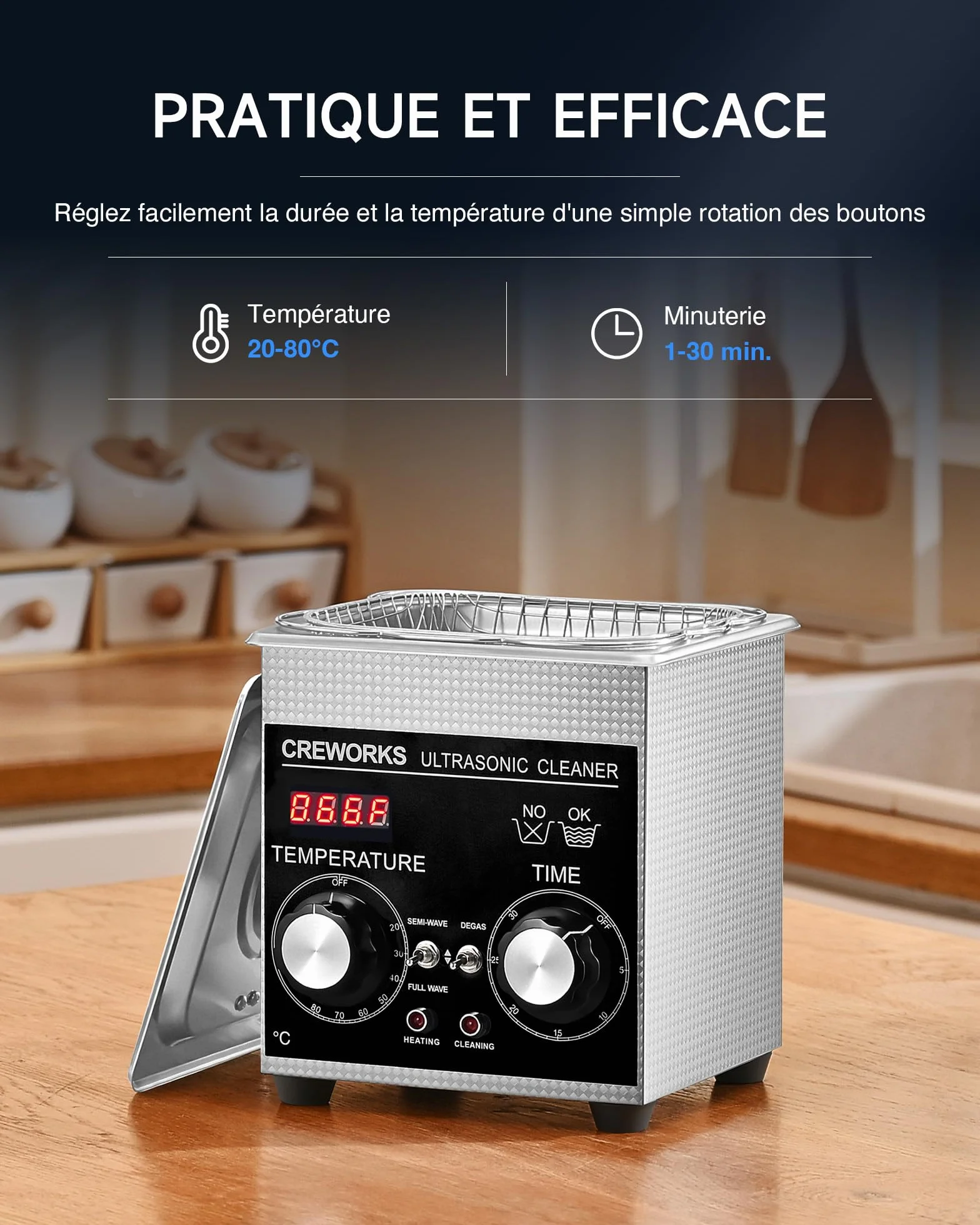 CREWORKS myjka ultradźwiękowa 1L 60W 100W timer 1-30 min z ogrzewaniem