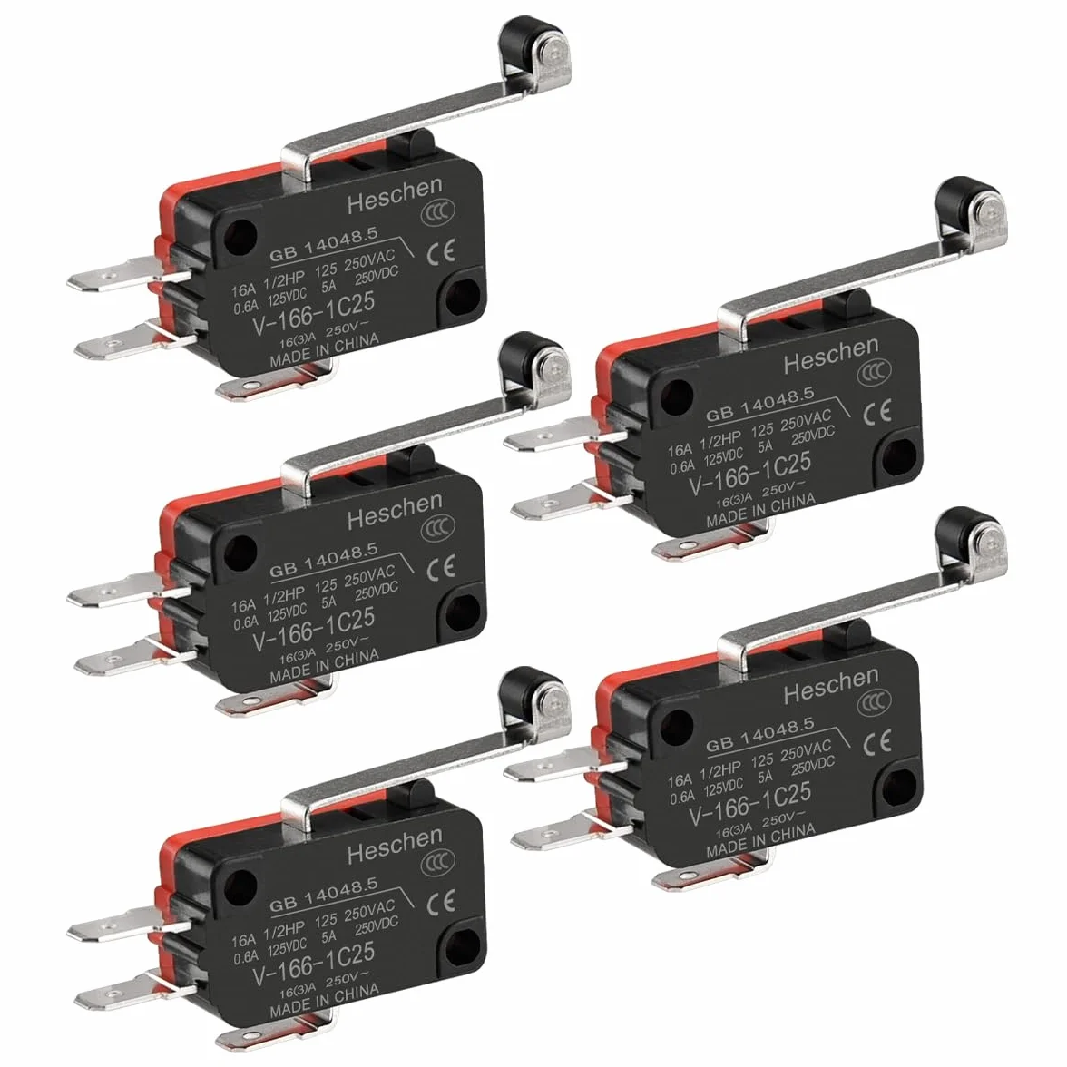 Heschen mikro przełącznik V-166-1C25 SPDT długa dźwignia rolkowa 16 A 250 V AC 5 szt.