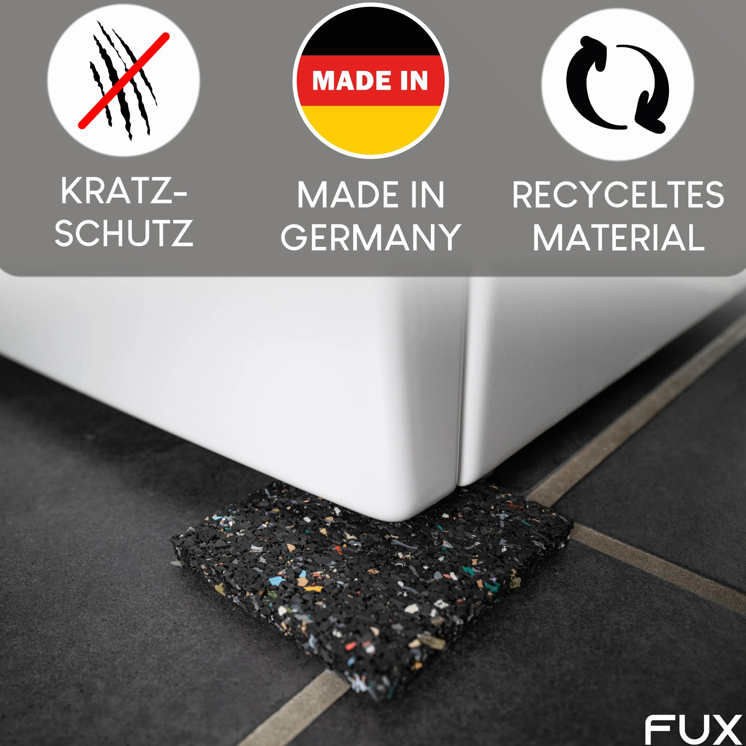 Amortyzator drgań, podkładka pod pralkę, 4 sztuki, mata antywibracyjna, do suszarki – 90 x 90 x 8 mm, granulat gumowy z recyklingu Made in Germany