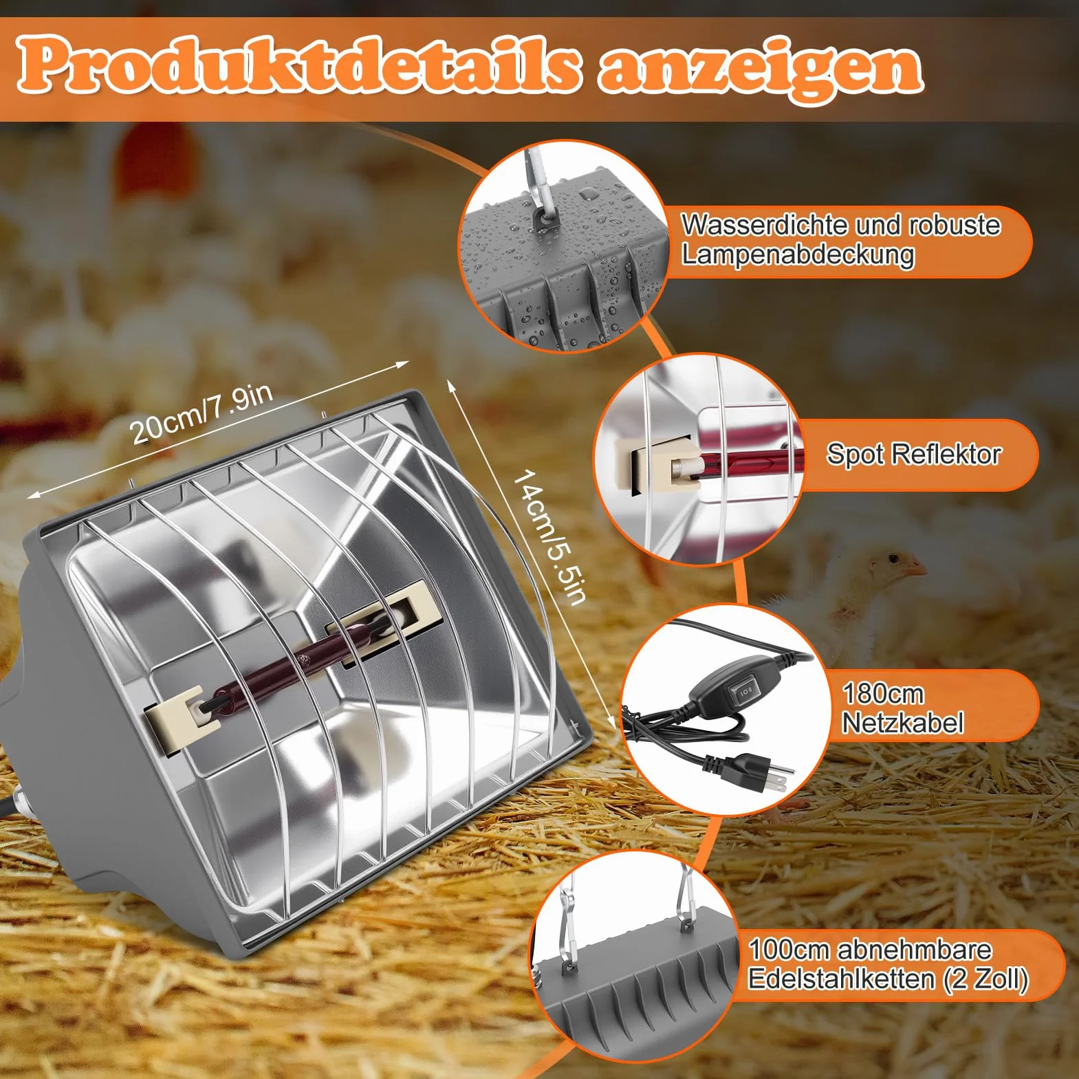 Lampa grzewcza dla kurcząt 2 sztuki 175 W 250 W regulowana temperatura wodoszczelna wisząca z kablem 1,8 m