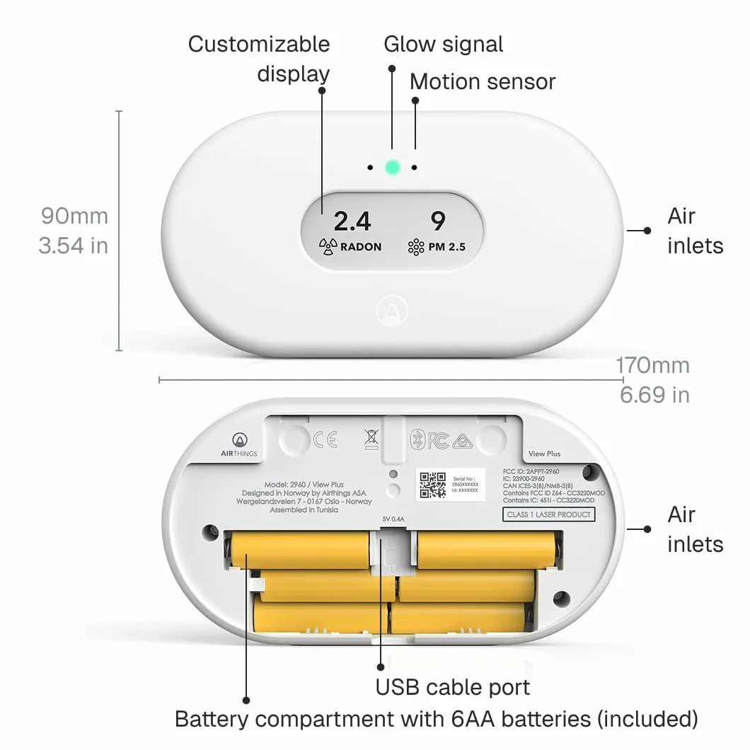 Airthings View Plus 2960 – inteligentne urządzenie pomiaru jakości powietrza i radonu PM CO2 VOC