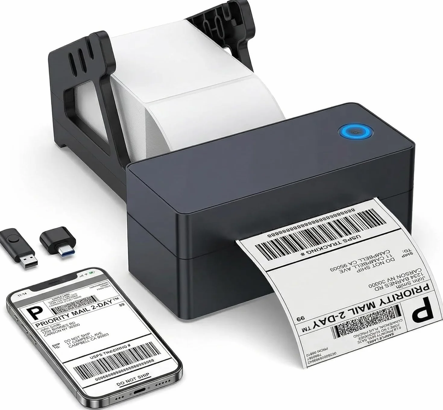 Drukarka etykiet Bluetooth 4x6 (100x150mm), termiczna drukarka do etykiet wysyłkowych DHL, Amazon FBA i Shopify, w zestawie: stojak, pendrive (sterownik) i 30 etykiet, kompatybilna z iOS/Android