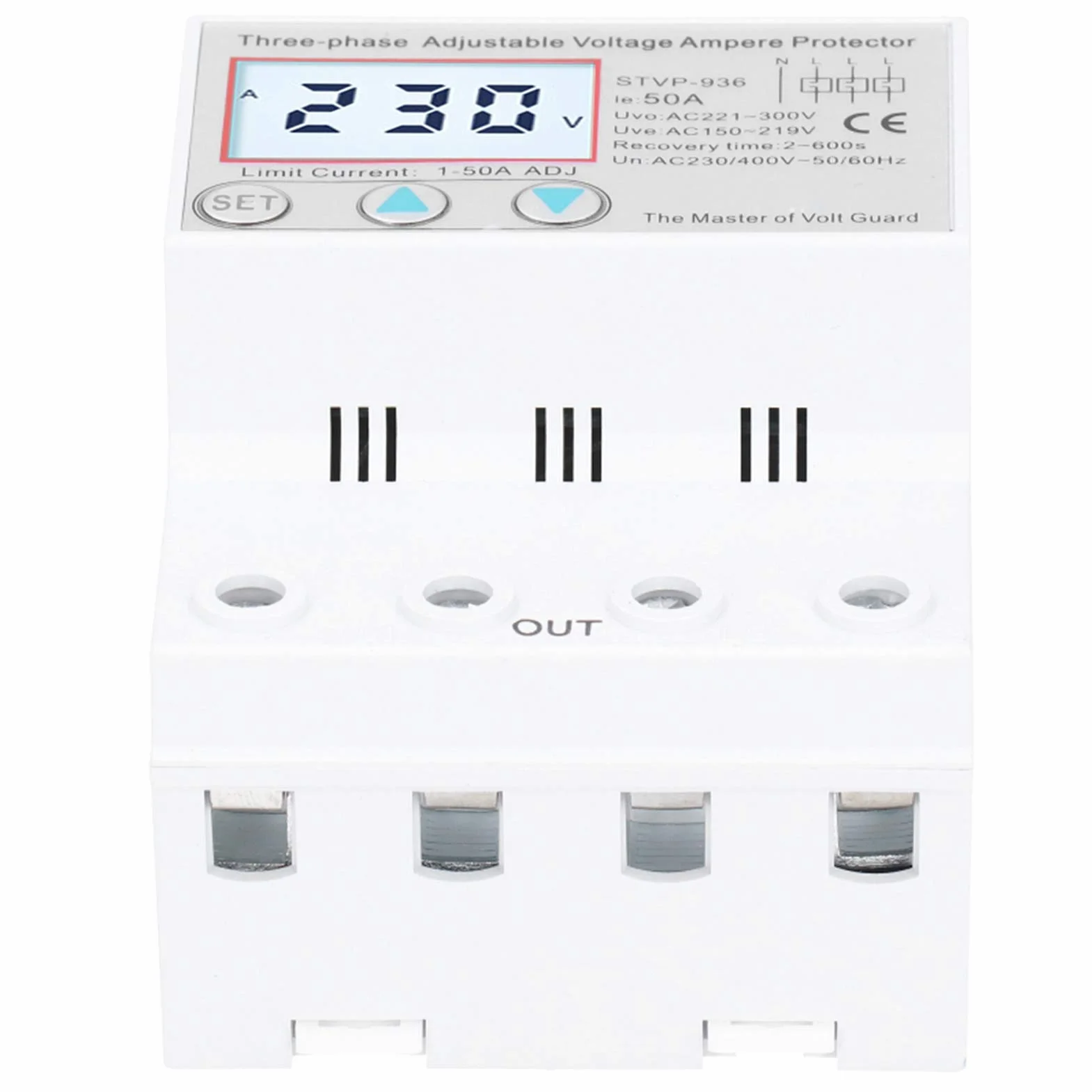 STVP936 Regulowane Zabezpieczenie Napięciowe, Wielofunkcyjny Wyświetlacz LCD, 3-fazowe Samoresetowanie, Przepięcie, Zabezpieczenie Podnapięciowe, Zabezpieczenie Nadprądowe, (50A)