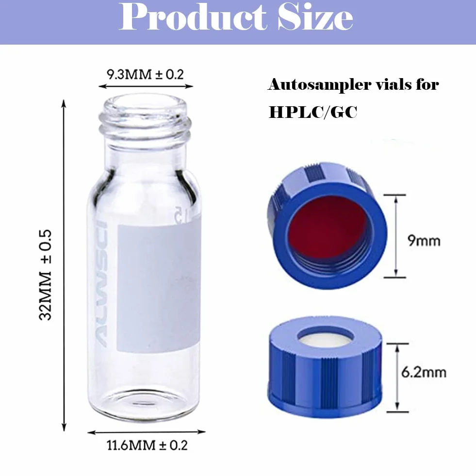 ALWSCI 2 ml HPLC szklane buteleczki 9-425 przezroczyste z niebieską zakrętką PTFE silikon Septa 100 sztuk