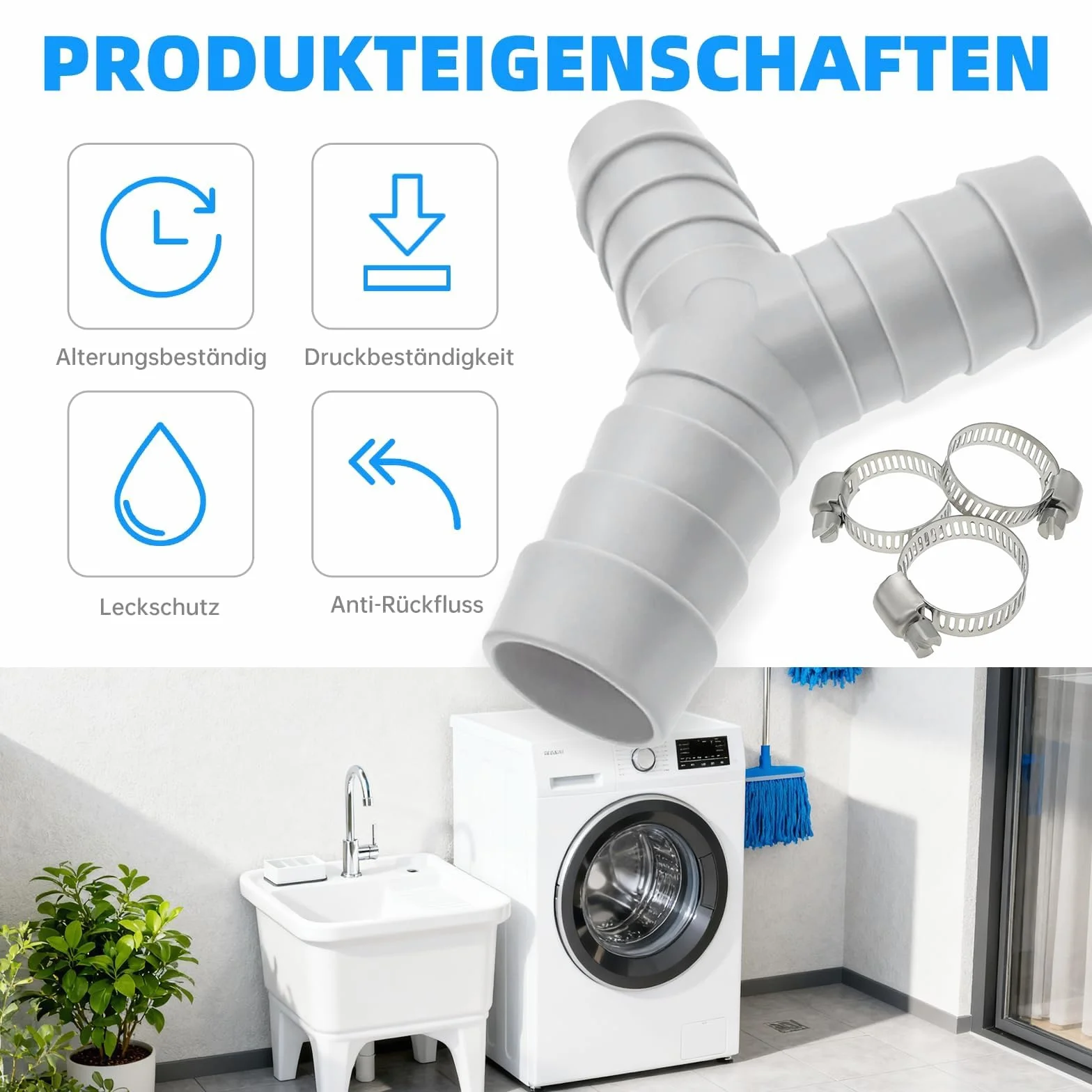 3-drożny rozdzielacz Y do węży odpływowych, złączka do węża odpływowego 20 mm, rozdzielacz odpływu, adapter do pralki i zmywarki, przyłącze do odpływu z 3 opaskami, idealny do kuchni i łazienki(szary)