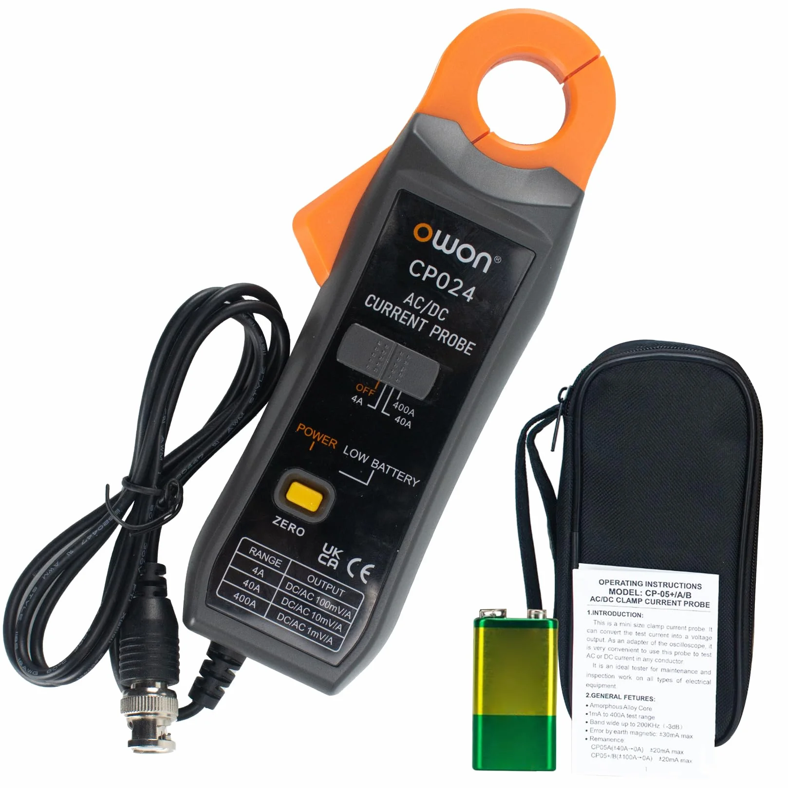 OWON CP024 głowica przyciskowa prądu stałego i zmiennego do oscyloskopu, głowica czujnika napięcia 200 kHz szerokość pasma 4 A, 40 A, 200 A, 300-400 A, zakres testowy, tester prądu z przyłączem BNC