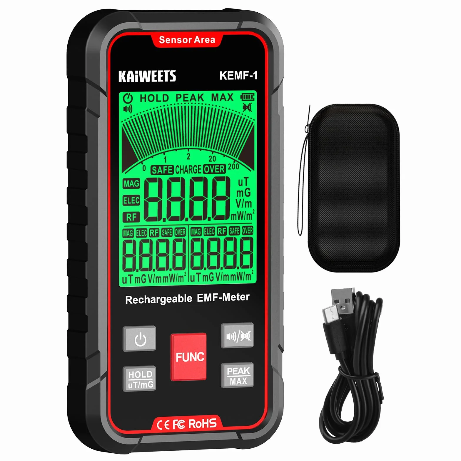 KAIWEETS miernik EMF z wyświetlaczem LED, EF/MF/RF, USB-C, przenośny