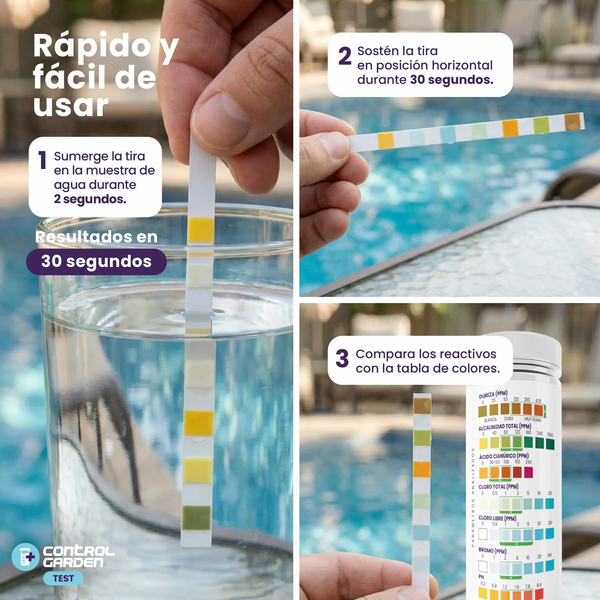 GARDEN STEROWANIE 160 pasów testowych 7 w 1 | Test basenu i spa | Miernik pH, wolny i całkowity chlor, brom, zasadowość, twardość, kwas cyjanurowy w wodzie | Analiza 30s | Dokładna kontrola