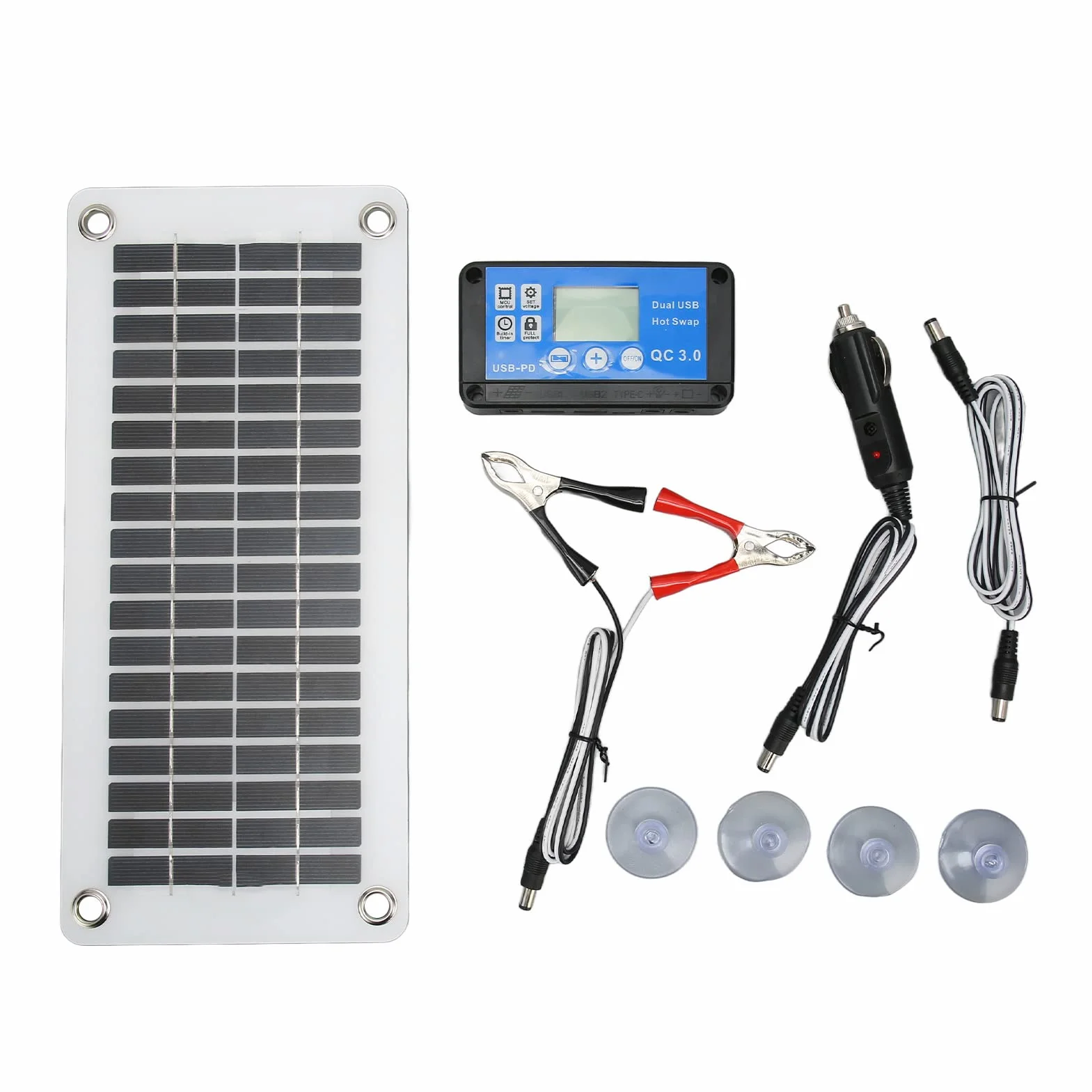 Zestaw paneli słonecznych 30 W, 12 V, przenośny moduł paneli słonecznych, odporne na warunki atmosferyczne, polikrystaliczne ogniwa słoneczne z kontrolerem, stała przyssawka do samochodu, statku, na