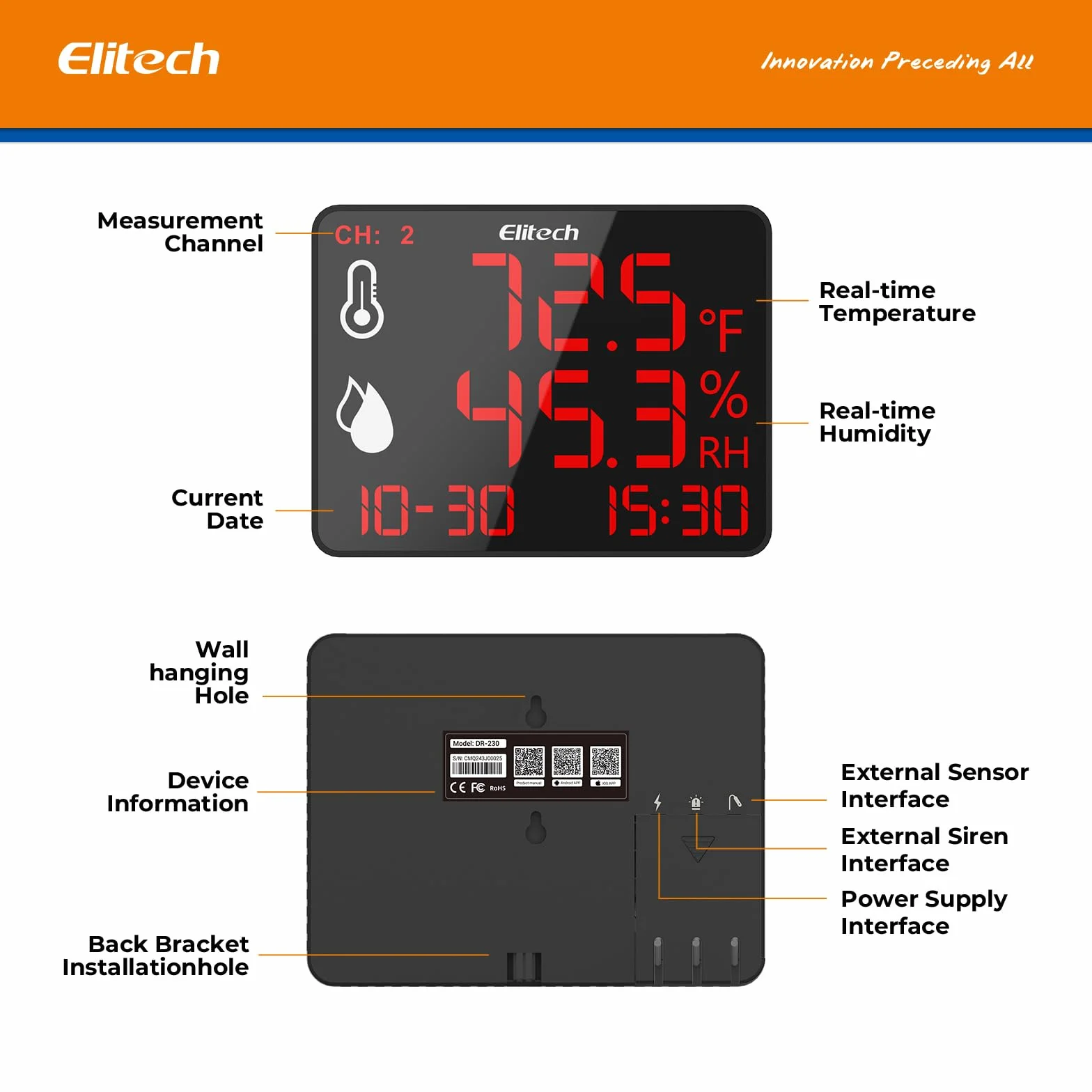 Elitech Cyfrowy termometr z higrometrem DR-230-THDE z podwójną sondą zewnętrzną 2x2m, rejestrator Bluetooth 30000 punktów, duży ekran