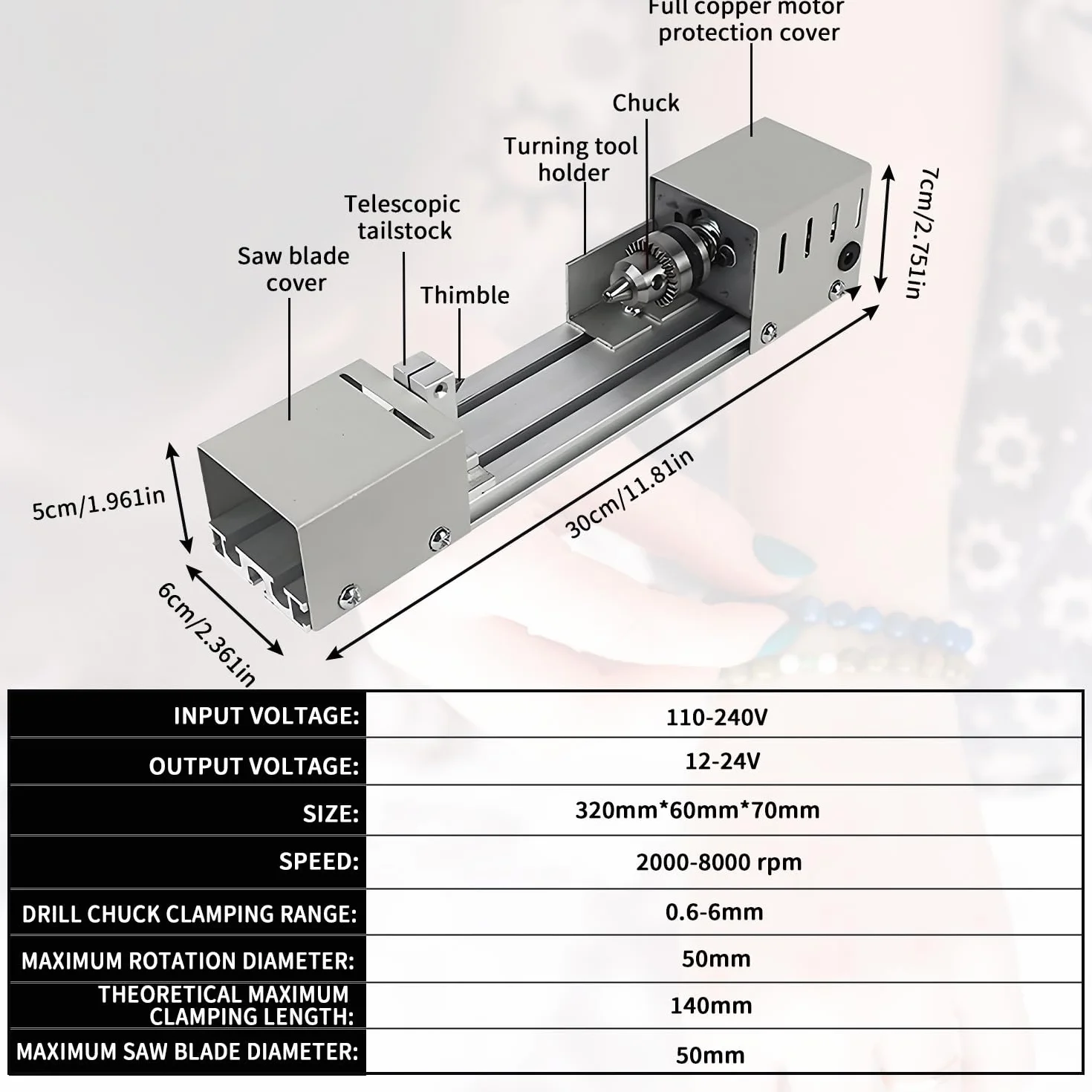 Mini tokarka 125 W 2000-8000 obr./min 7-biegowa regulacja zakres zacisku 0,02-0,24 cala metalowa