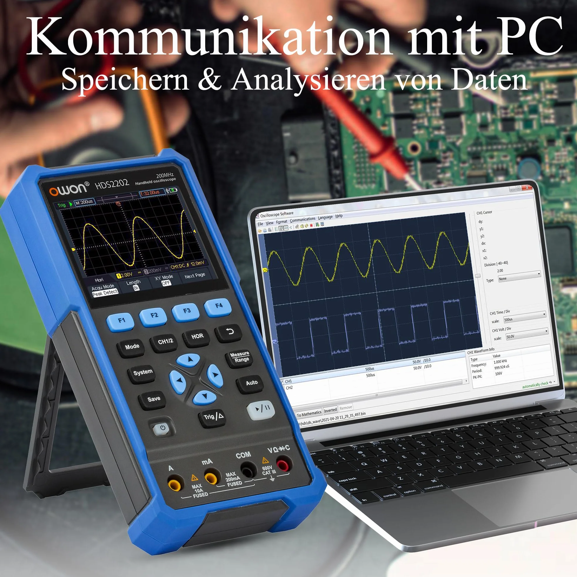 OWON HDS2202 oscyloskop 2 w 1 200 MHz 1 GSa/s dwa kanały 3,5 cala LCD