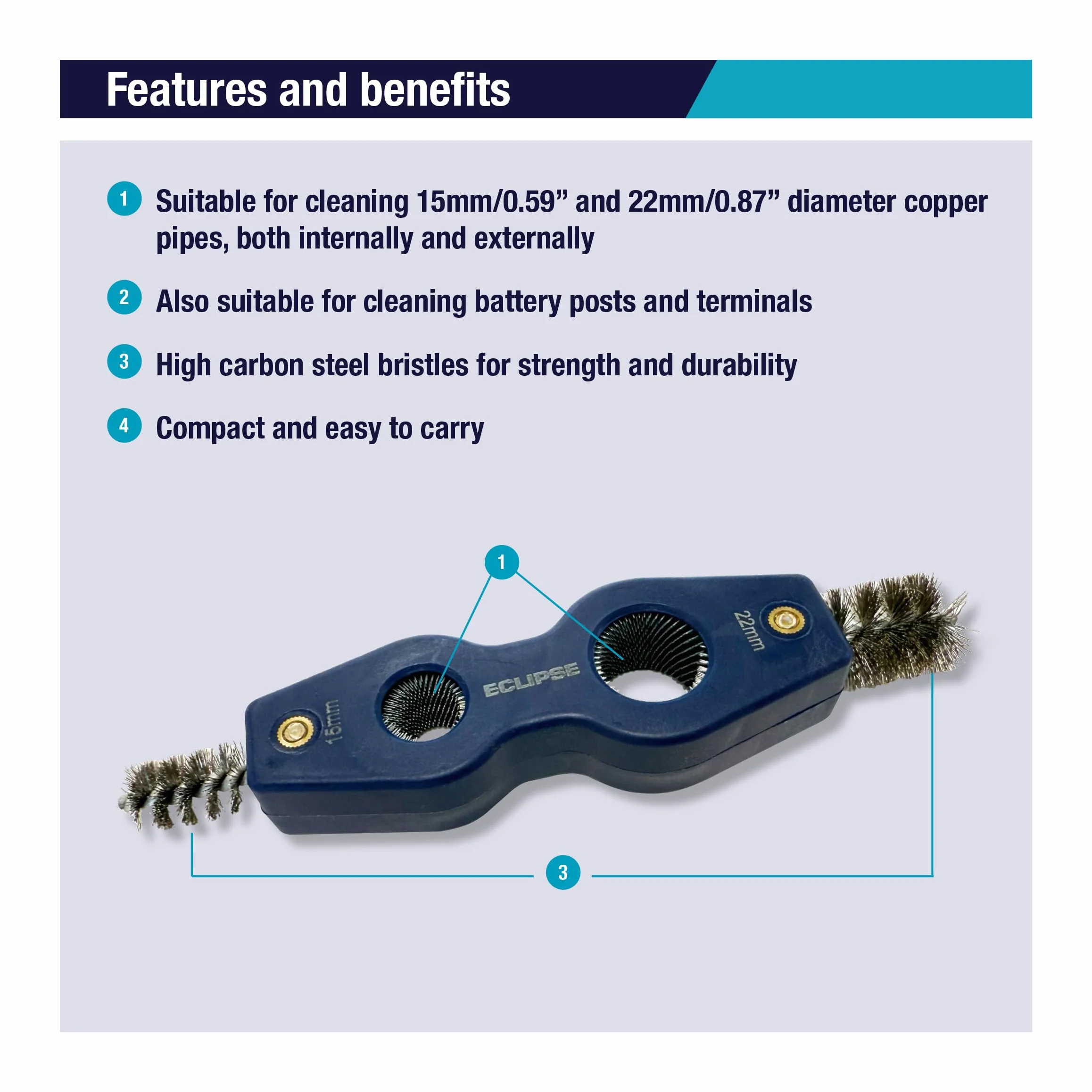 Eclipse Professional Tools E4IN1PCDT Narzędzie 4w1 do Czyszczenia i Gratowania Rur – czyszczenie wewnętrzne/zewnętrzne rur 15 i 22 mm, szczotka stalowa, usuwa rdzę i korozję