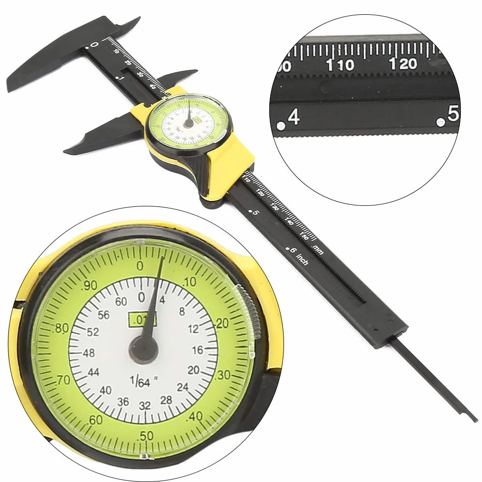 150mm z Tworzywa Sztucznego Dial Vernier, Analogowa Farba Zapadkowa Yctze Vernier Caliper Miernik Narzędzie do Pomiaru z Tworzywa Sztucznego Trwała Tarcza Szybko (żółty (imperialny))