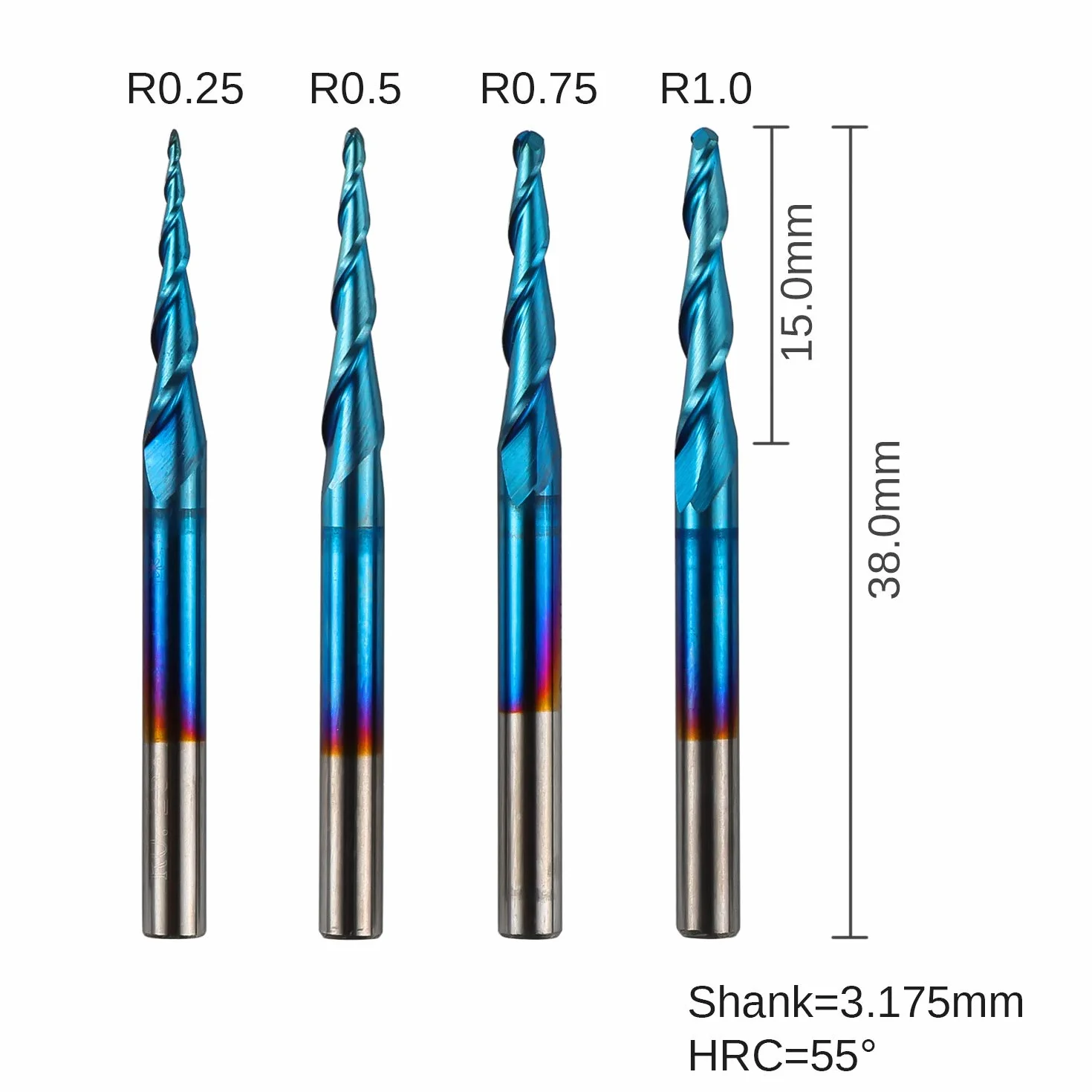 Genmitsu Frezy stożkowe z końcówką kulową z węglika wolframu, frez z nano-niebieskim płaszczem, R0.25-1.0, chwyt 1/8", TB04A 4 szt