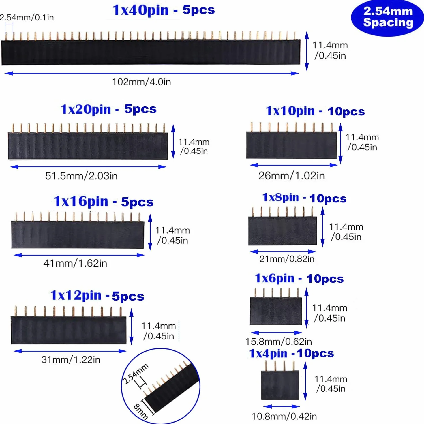 RUNCCI-YUN 60 sztuk 2,54 mm Pin Header Connector, Zestaw taśm nagłówka kołka do płytki PCB, (4/6/8/10/12/16/20/40 pinów) dla Arduino Stackable Shield
