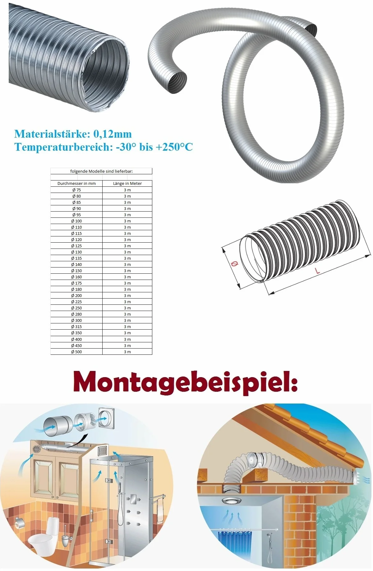 Rura aluminiowa Flex 2,60 m, rura elastyczna Ø 90 mm, 90 mm, rura aluminiowa, elastyczna rura aluminiowa, odporna na wysokie temperatury AF