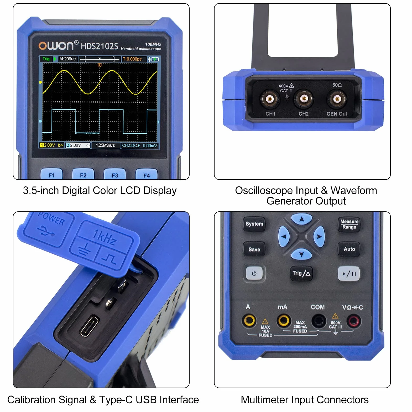 OWON HDS2102S 2-kanałowy oscyloskop ręczny 100 MHz multimetr OSC DMM generator kształtu fali
