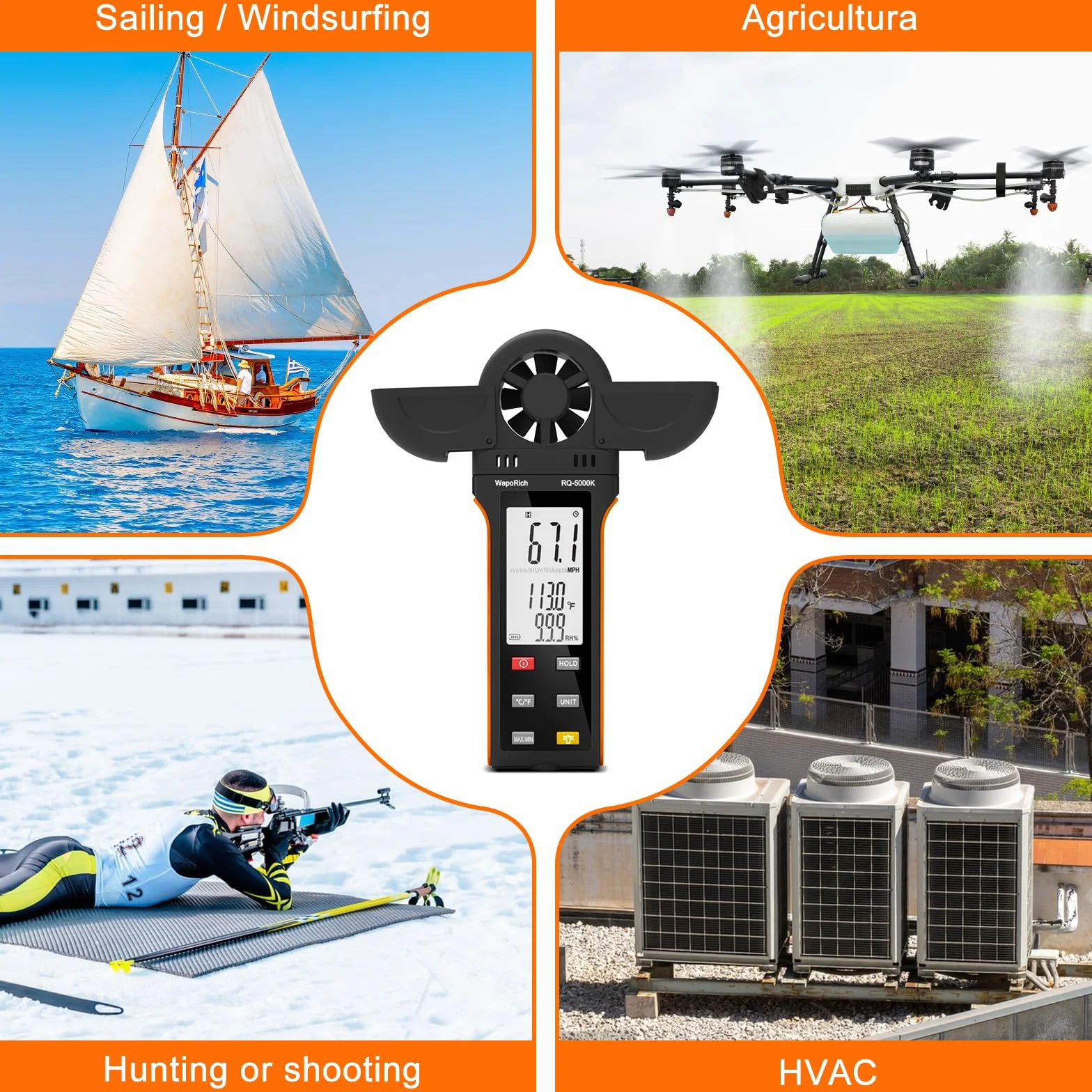 RQ-5000K Pro ręczny anemometr HVAC do przepływu powietrza CFM i prędkości wiatru, miernik prędkości wiatru, pomiar prędkości wiatru, temperatury% punktu rosy RH, synchronizacja USB do