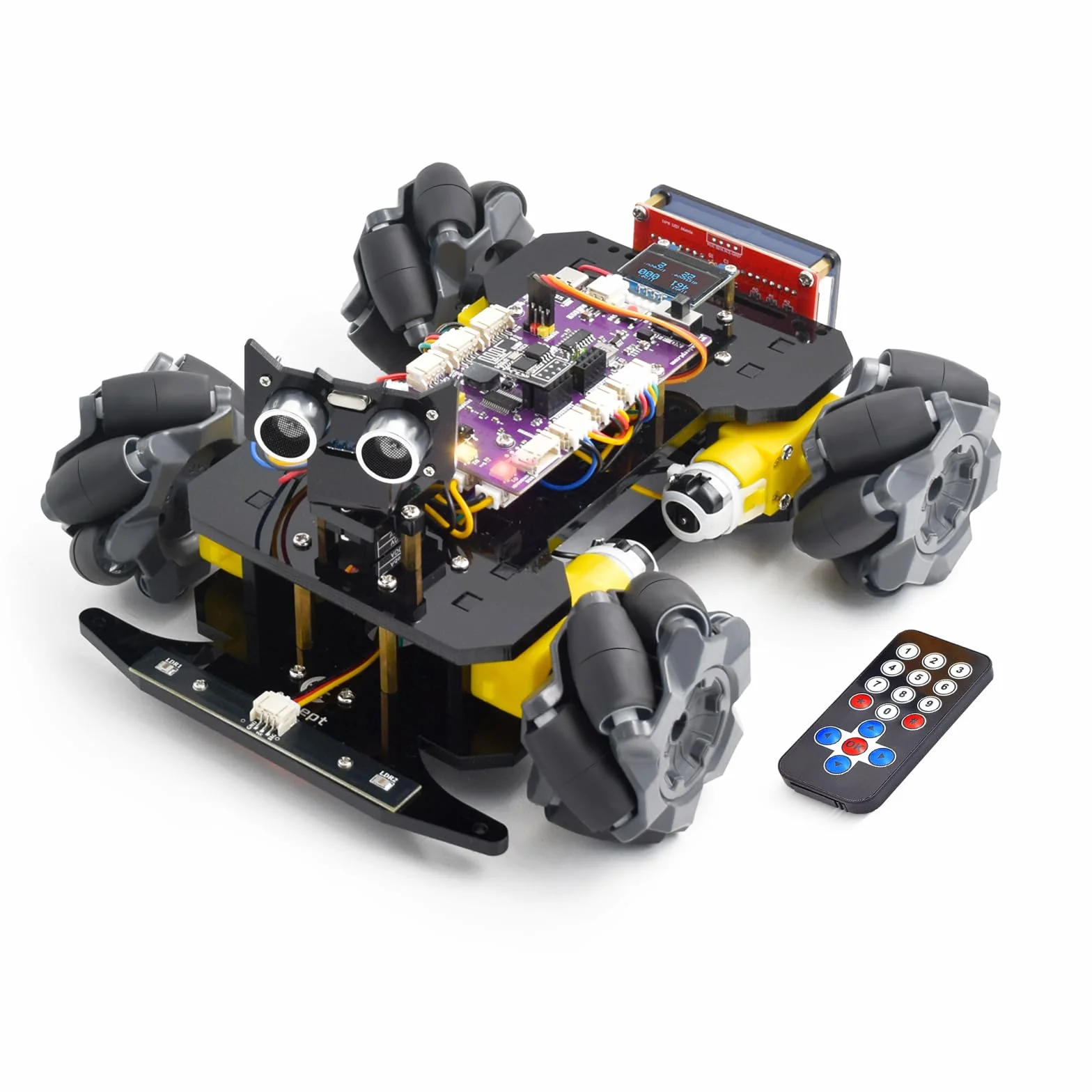 Adeept Mecanum Wheel Smart Car Kit (kompatybilny z Arduino IDE), śledzenie linii, śledzenie światła, unikanie przeszkód, silnik serwo, wyświetlacz OLED, brzęczyk, wyświetlacz LED Dot Matrix