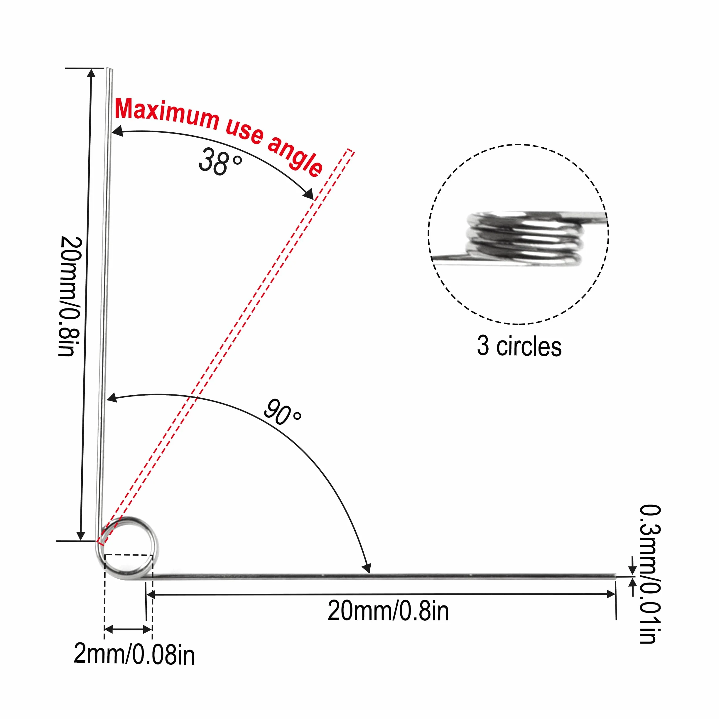10 szt. sprężyn skrętnych ze stali nierdzewnej średnica drutu 0,3 mm średnica wewnętrzna 2 mm długość ramienia 20 mm kąt 90° 3 obroty lewy 0,3 x 20 mm