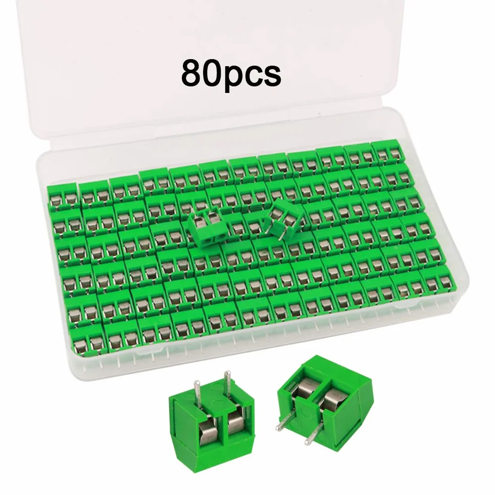 80 szt. Premium 2-pozycyjny 2-pinowy wtykowy blok zacisków PCB, blok zacisków śrubowych do montażu na płytce PCB o rozstawie 5,08 mm (300V / 10A, zielony)