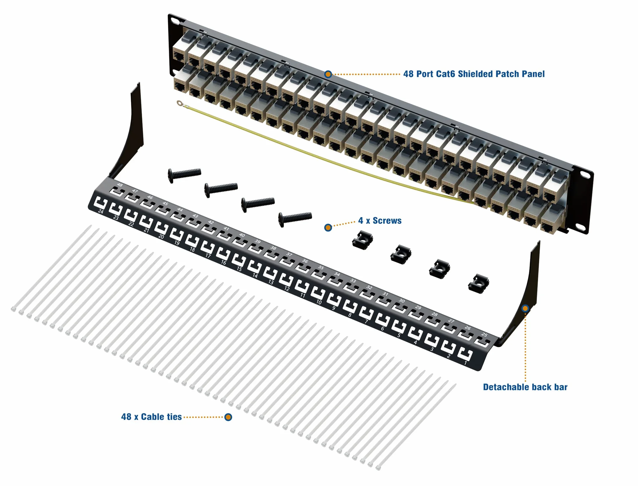 iwillink Panel krosowy z 48 portami RJ45 ekranowany przez złącze 2U Cat6 STP 19 cali z listwą tylną, uchwytem ściennym lub montażem do montażu w szafie, kompatybilny z okablowaniem Cat5, Cat5e, Cat6
