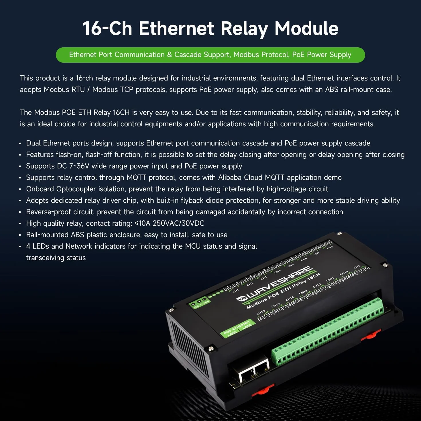 Waveshare 16-Ch Ethernet Relay Module Modbus RTU/TCP PoE Industrial Rail-Mount