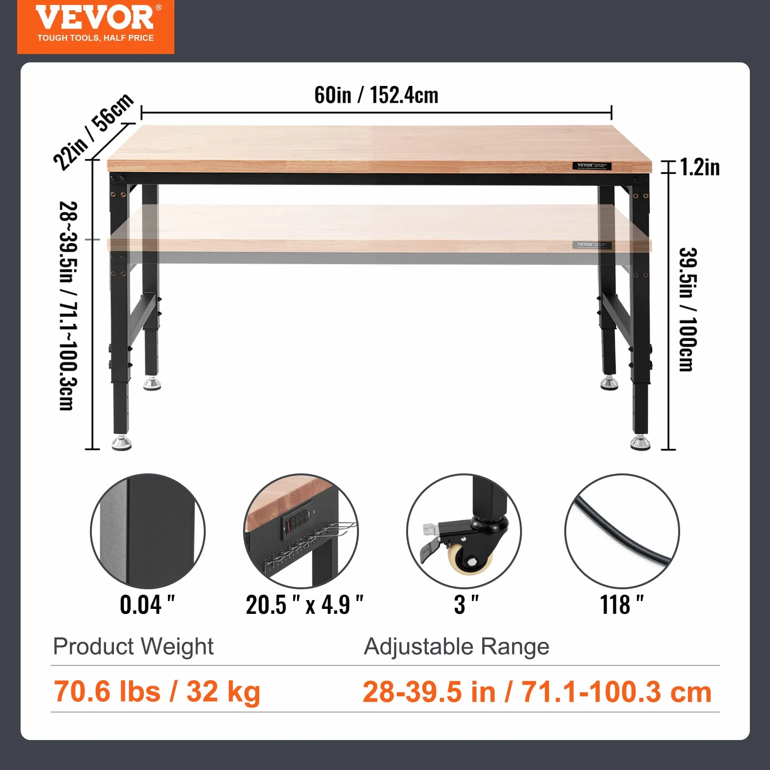 VEVOR Regulowany stół warsztatowy, blat roboczy, wymiary: 1524 x 559 mm, regulowana wysokość: 71,1 – 100,3 cm, maks. obciążenie: 907 kg, stół z gniazdami, drewniany blat do biura, domu, garażu
