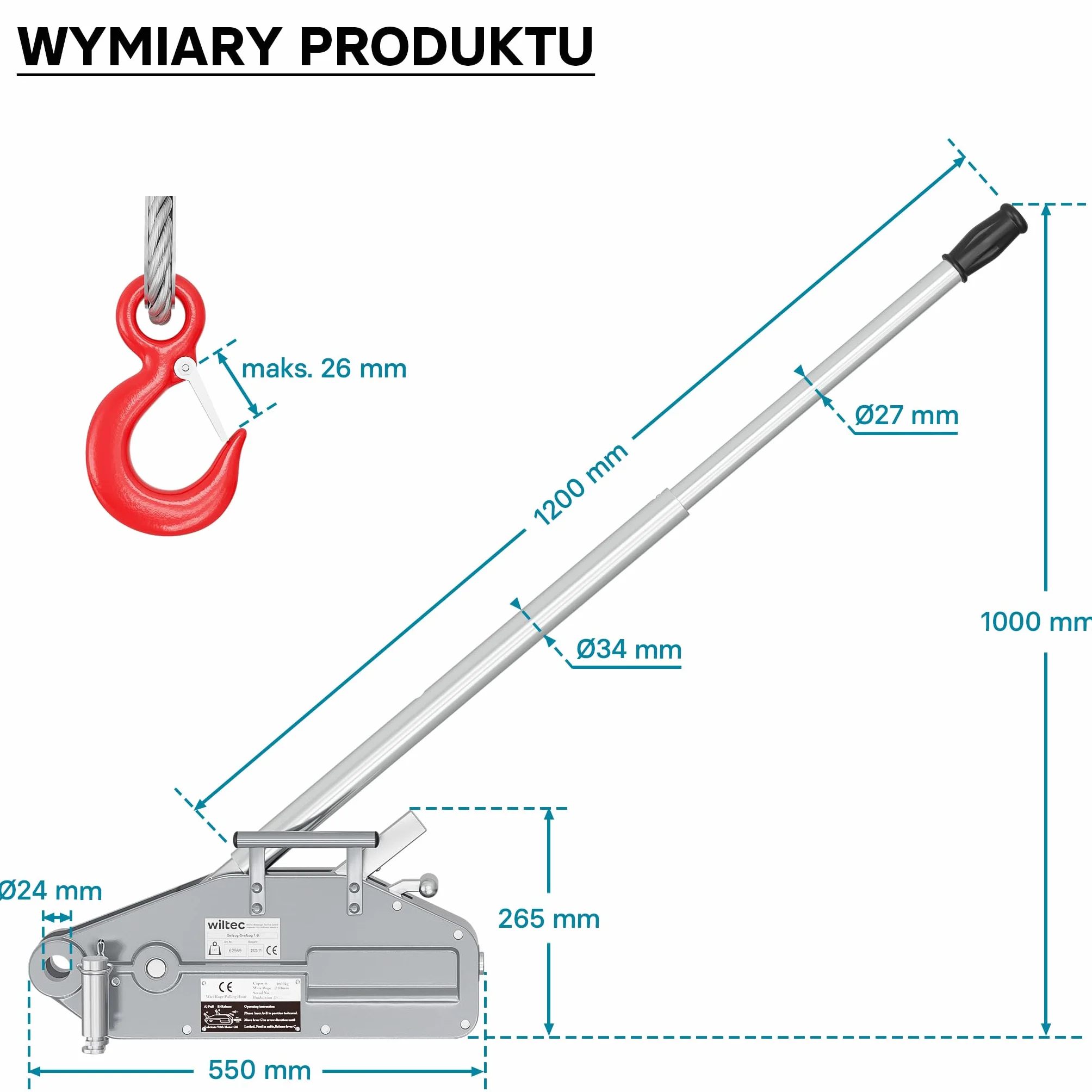 Wiltec Ręczna wciągarka linowa 1600 kg stalowa lina 20 m Ø 11 mm hak z blokadą