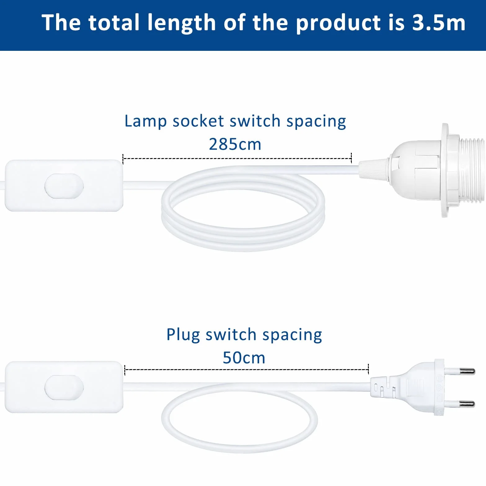Oprawa lampy E27, biała, 3,5 m, z przełącznikiem i wtyczką euro, AC 230 V, kabel oprawka lampy E27 z pierścieniem śrubowym do abażuru, do lampy wiszącej, papierowej, 1 szt