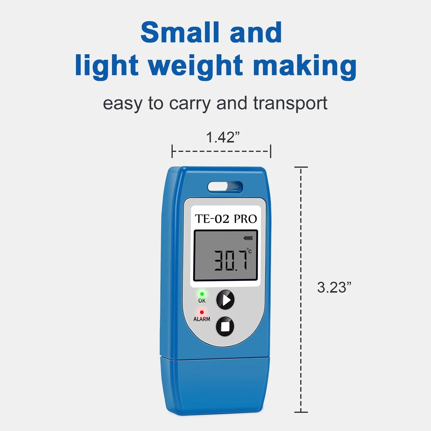 ThermElc TE-02Pro rejestrator temperatury, światło LED ostrzegające o temperaturze, MKT, od -30 do +60 °C i łatwo dostępne raporty danych PDF CSV, odpowiedni łańcuch chłodzący wrażliwy na temperaturę