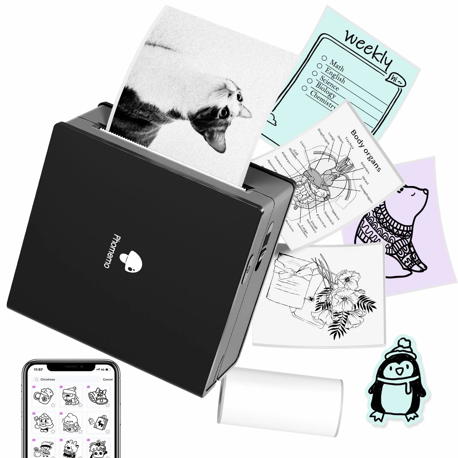 Phomemo M02 Mini drukarka z 1 rolkami etykiet, drukarka kieszonkowa do smartfona, drukarka Bluetooth, drukarka termiczna do nauki, notatek, obrazów, zdjęć, pamiętników