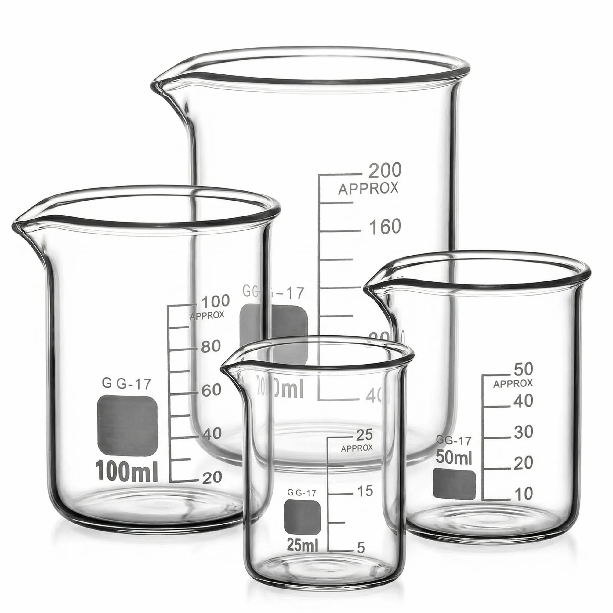 QWORK Becher zestaw 4 miarek 25-200 ml szkło borokrzemowe 3.3 laboratorium