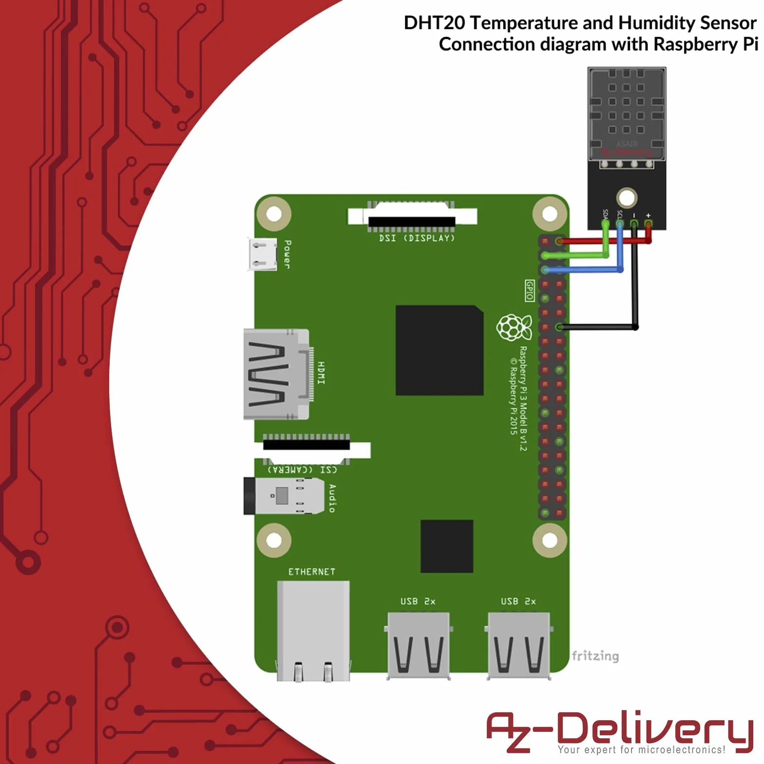 AZDelivery DHT20 Cyfrowy czujnik temperatury i wilgotności I2C 2,5V-5,5V dla Raspberry Pi